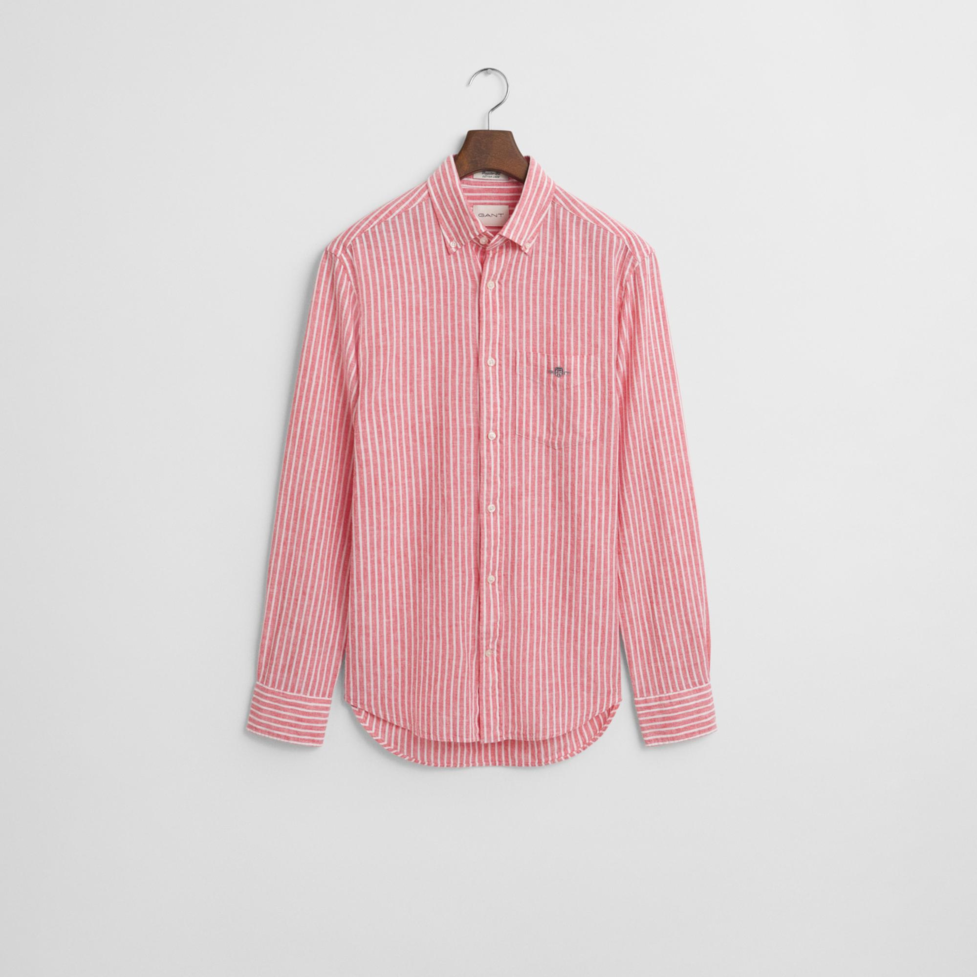 GANT Erkek Kırmızı Regular Fit Düğmeli Yaka Çizgili Keten Gömlek