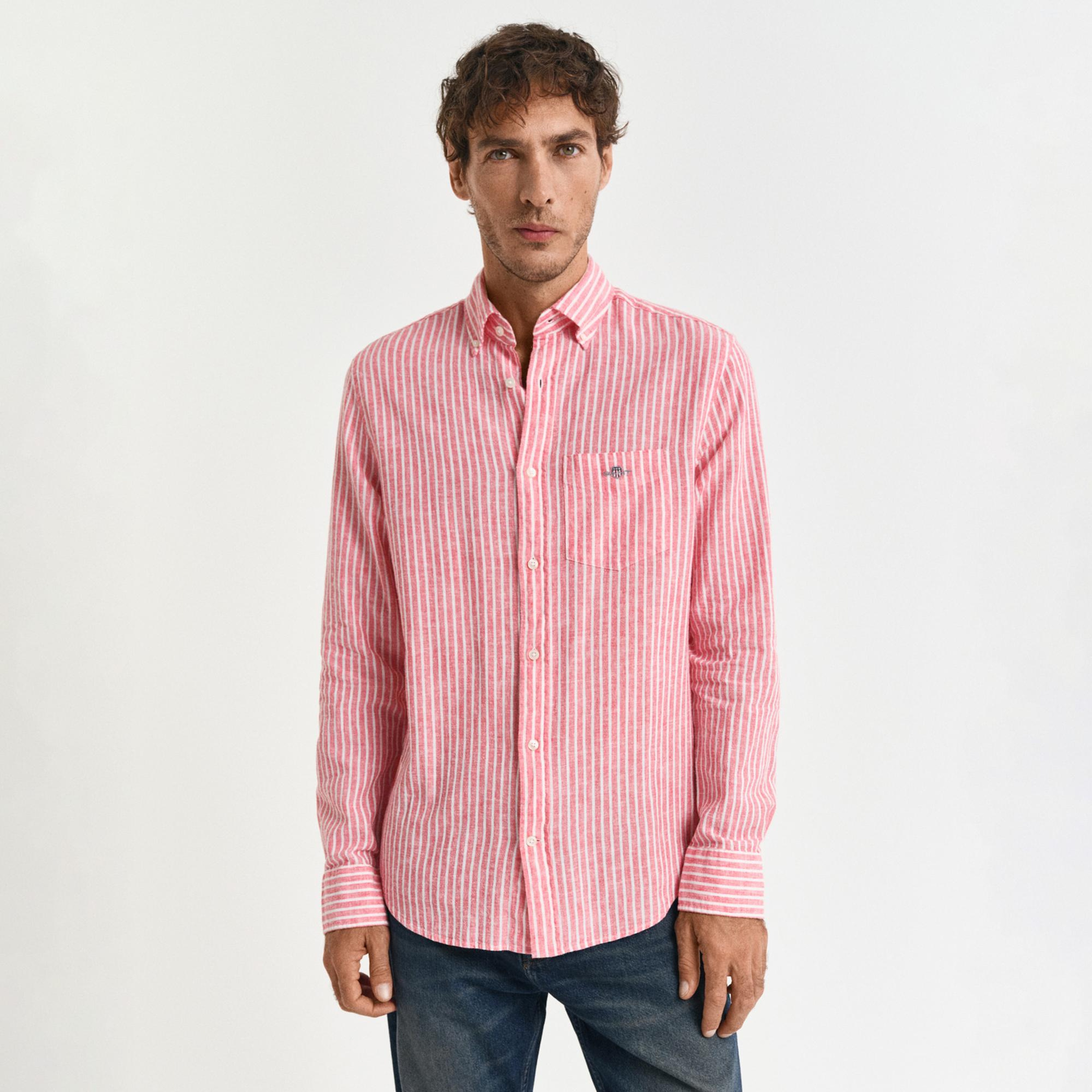GANT Erkek Kırmızı Regular Fit Düğmeli Yaka Çizgili Keten Gömlek