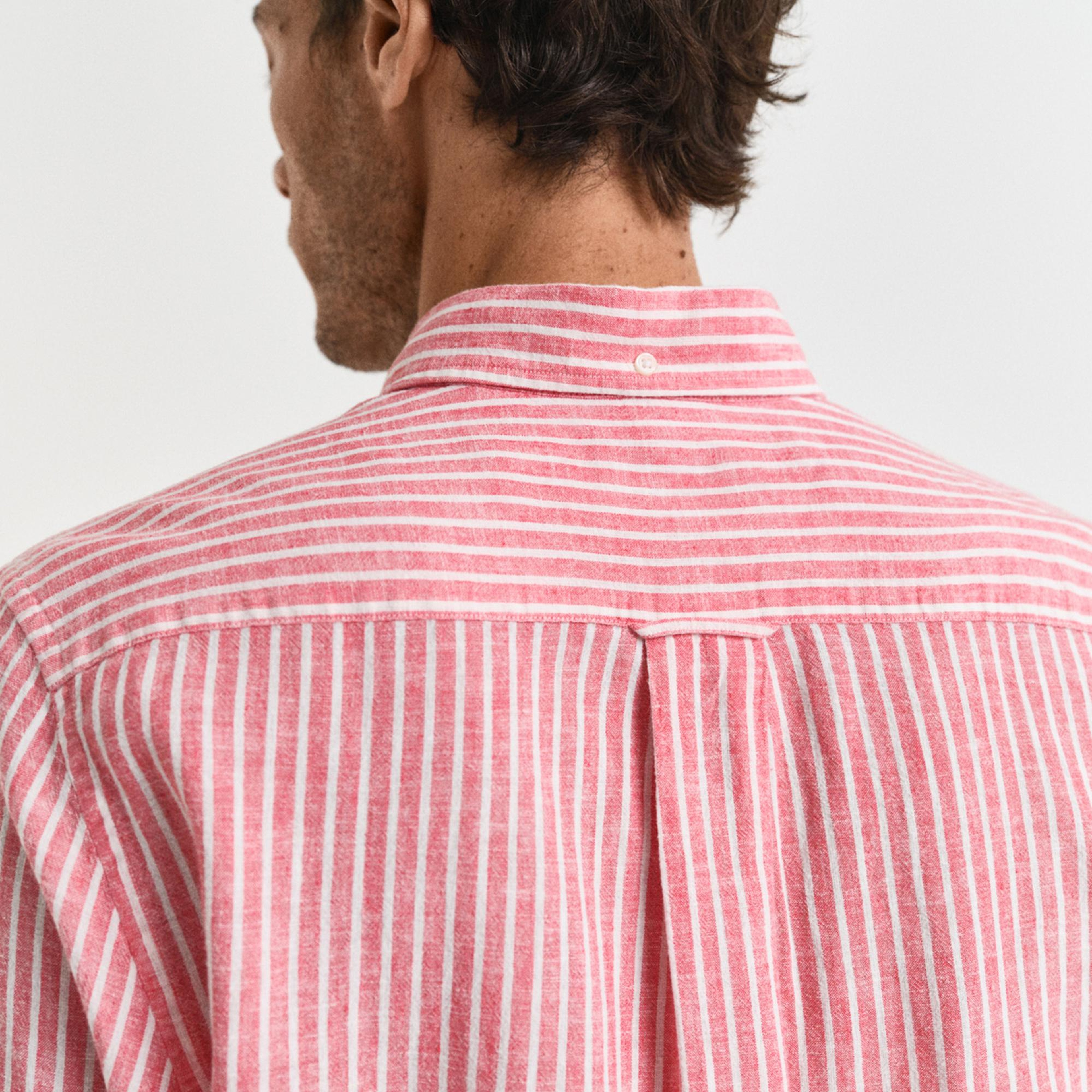 GANT Erkek Kırmızı Regular Fit Düğmeli Yaka Çizgili Keten Gömlek