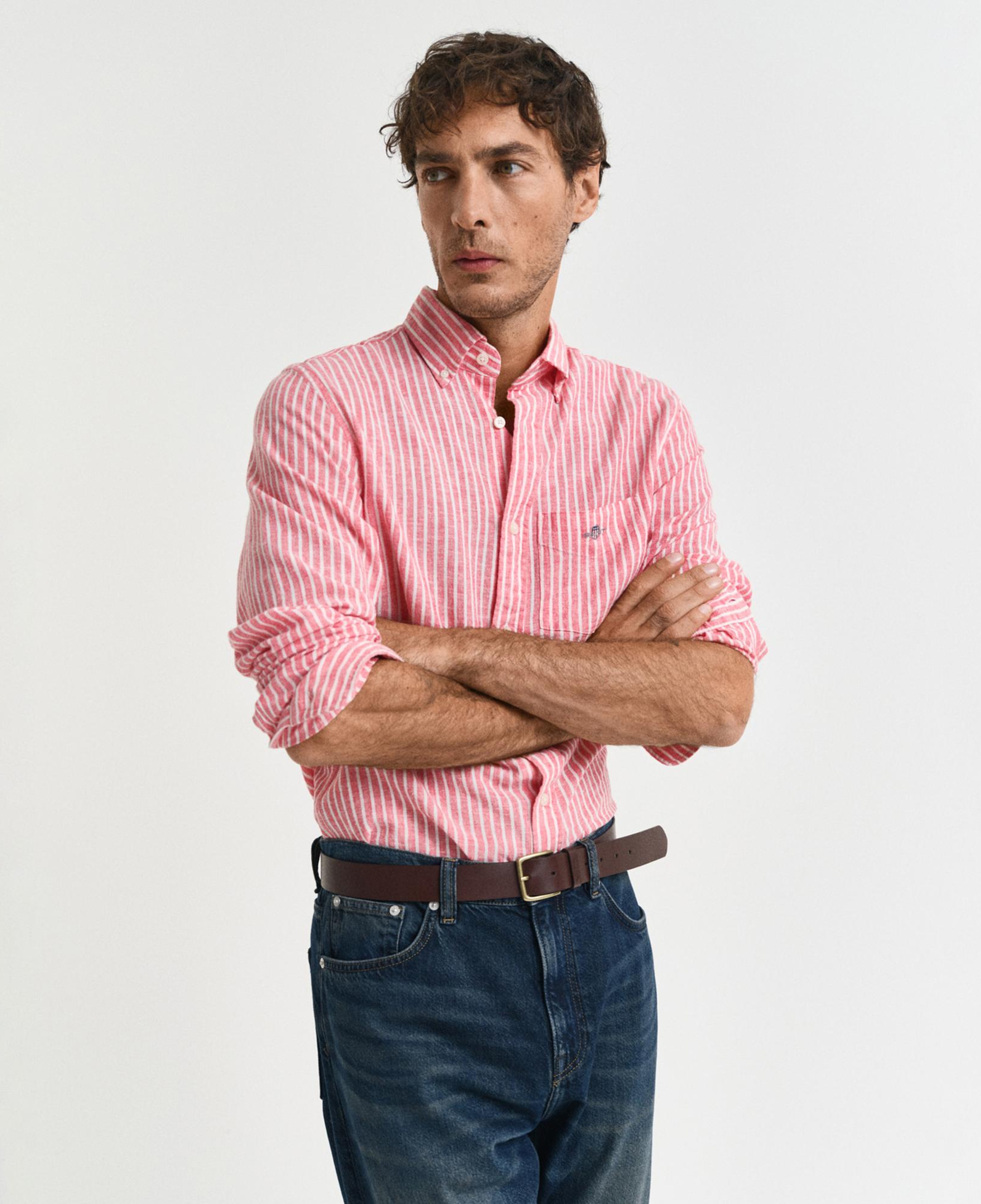 GANT Erkek Kırmızı Regular Fit Düğmeli Yaka Çizgili Keten Gömlek