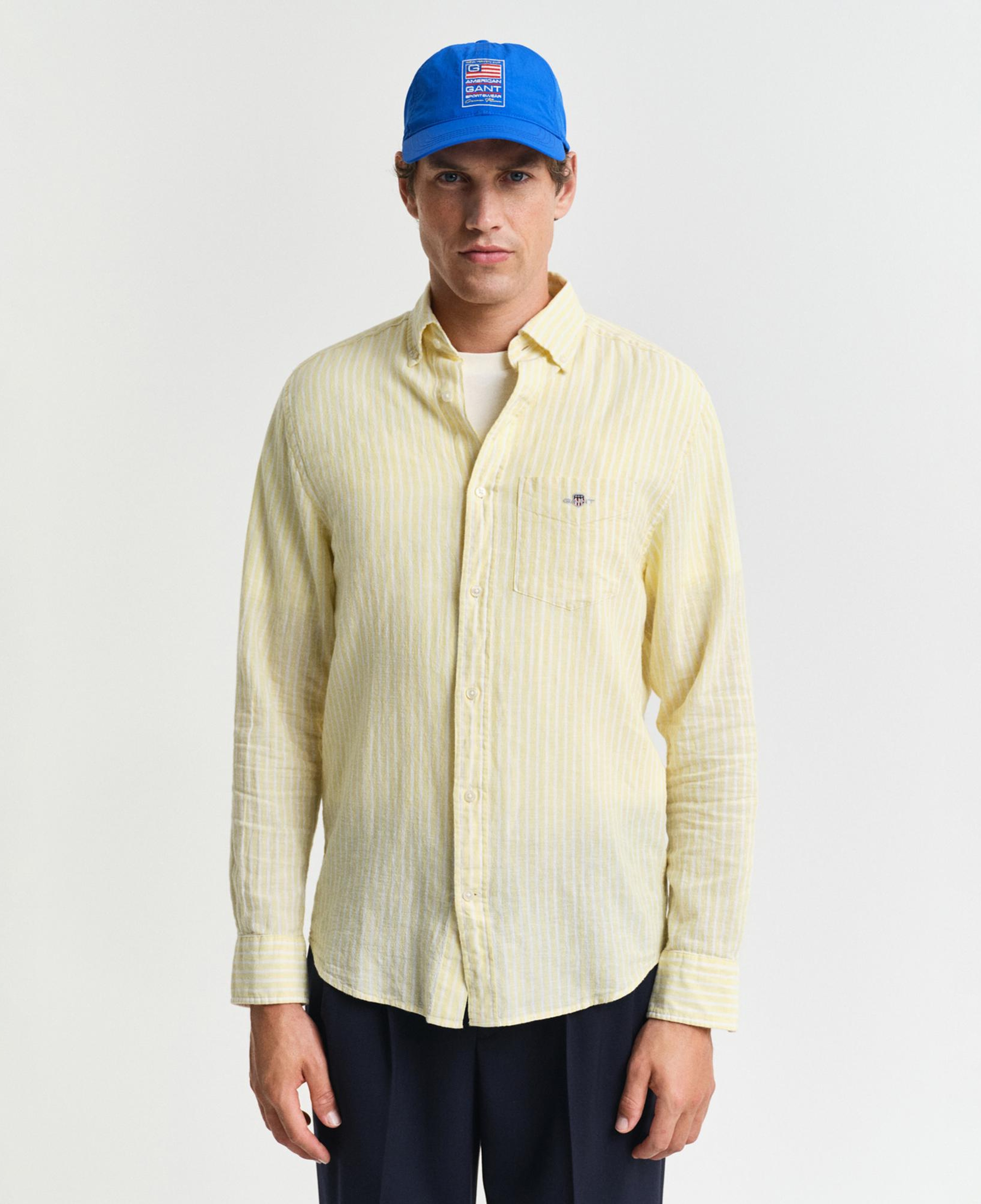 GANT Erkek Sarı Regular Fit Düğmeli Yaka Çizgili Keten Gömlek