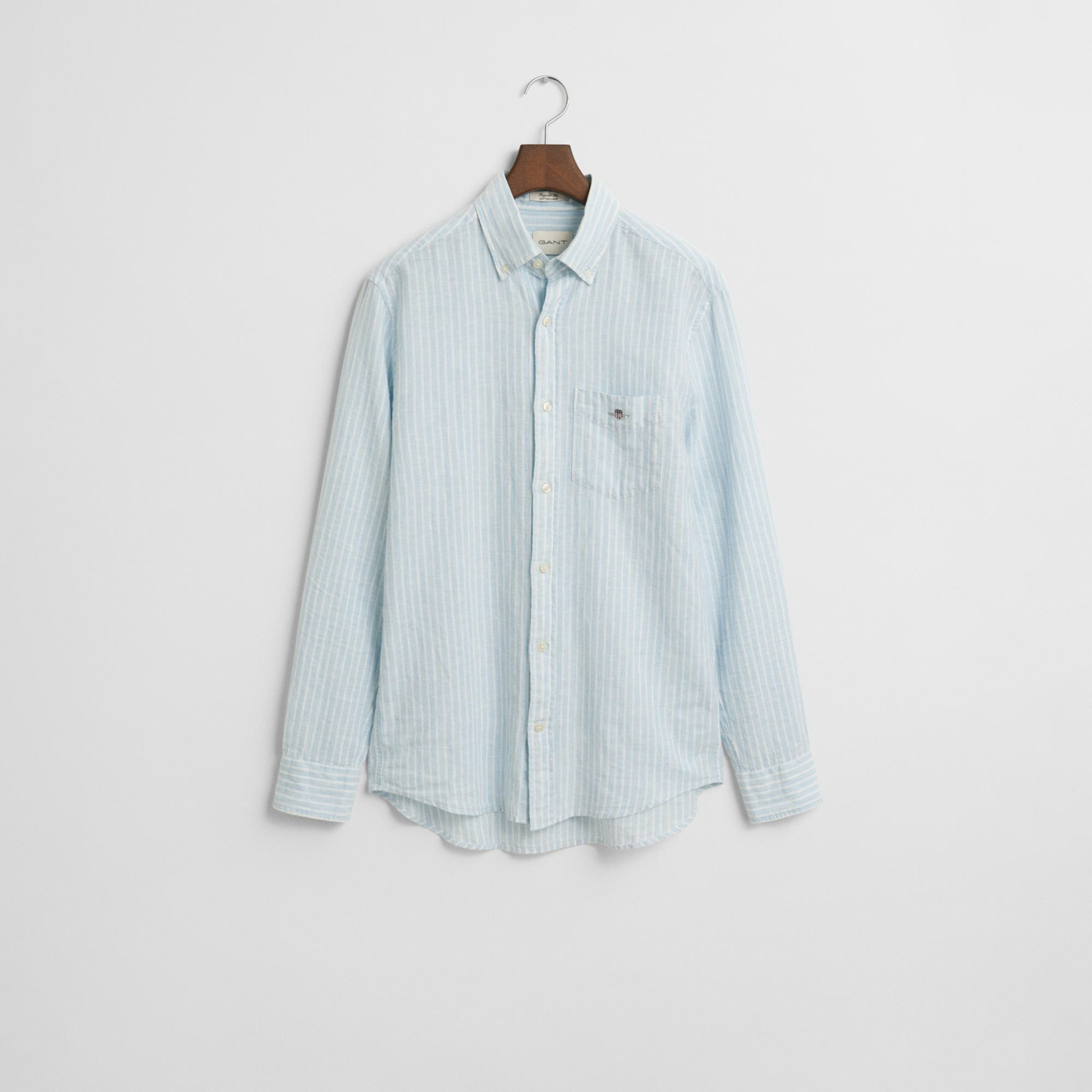GANT Erkek Mavi Regular Fit Düğmeli Yaka Çizgili Keten Gömlek
