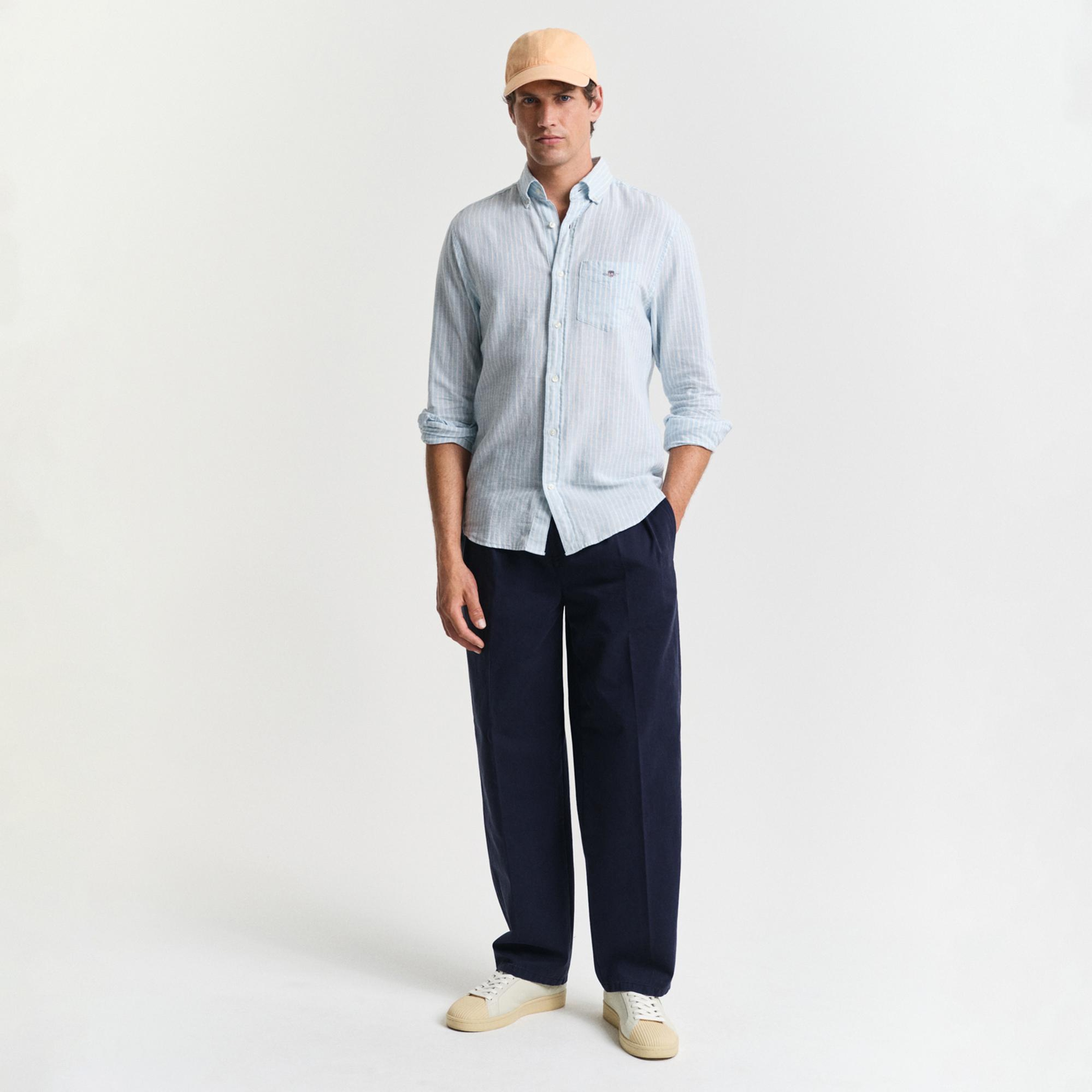 GANT Erkek Mavi Regular Fit Düğmeli Yaka Çizgili Keten Gömlek