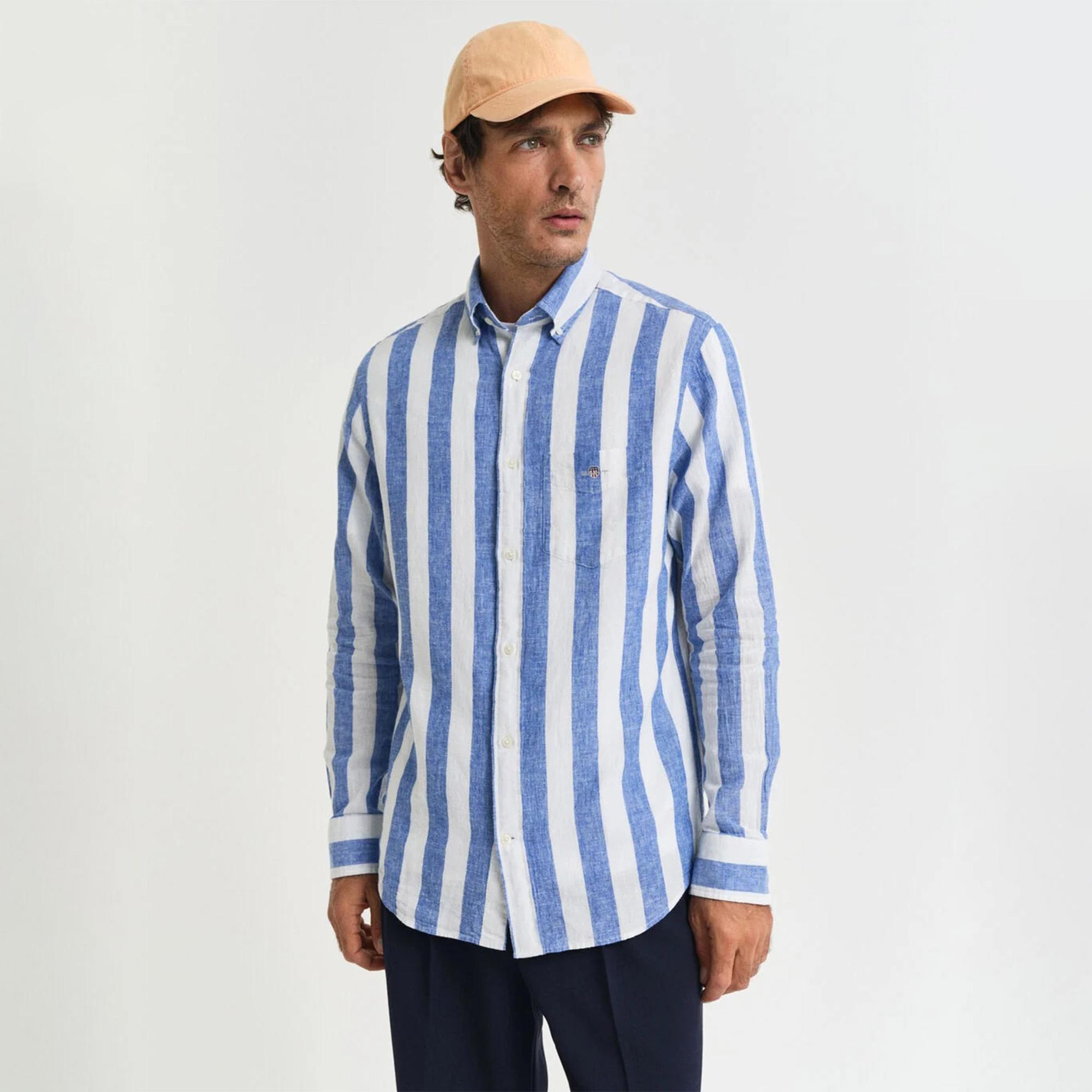 GANT Erkek Mavi  Regular Fit Düğmeli Yaka Çizgili Gömlek