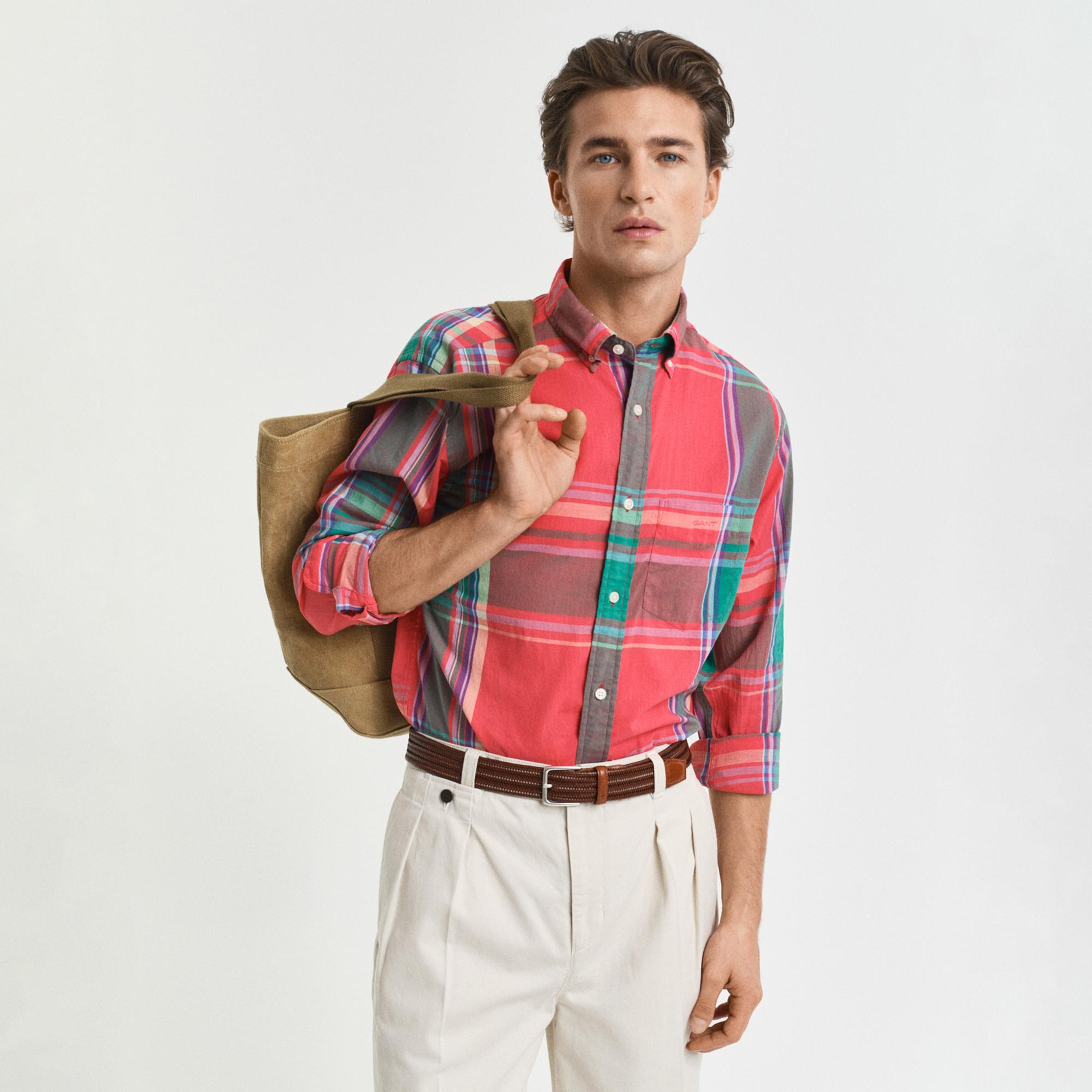 GANT Erkek Kırmızı Regular Fit Düğmeli Yaka Kareli Gömlek