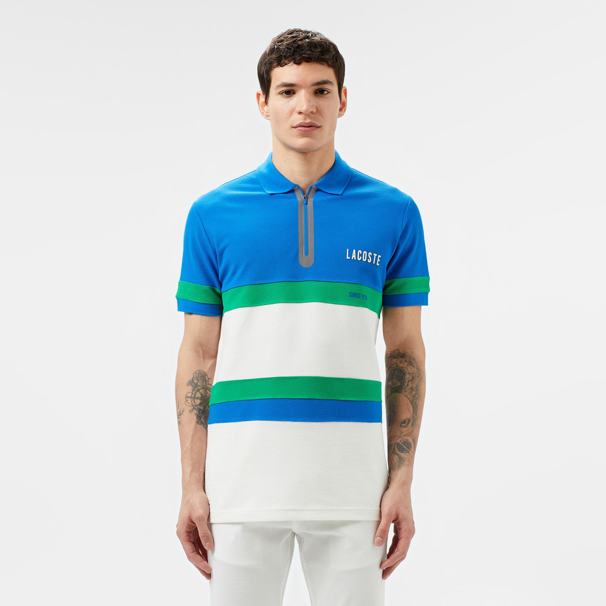 Lacoste Erkek Yarım Fermuarlı Renk Bloklu Beyaz Polo