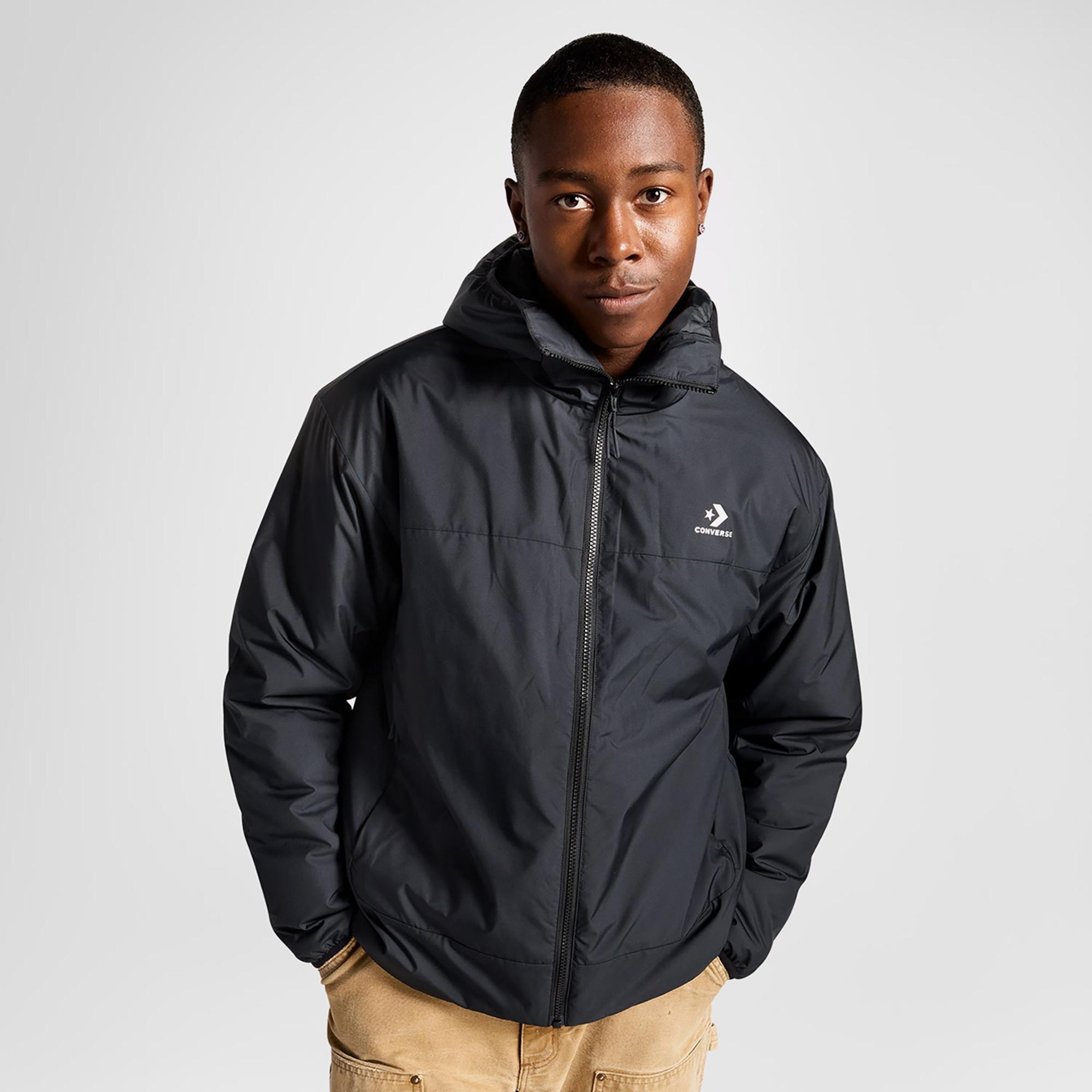 Converse Erkek Kapüşonlu Renk Bloklu Siyah Mont