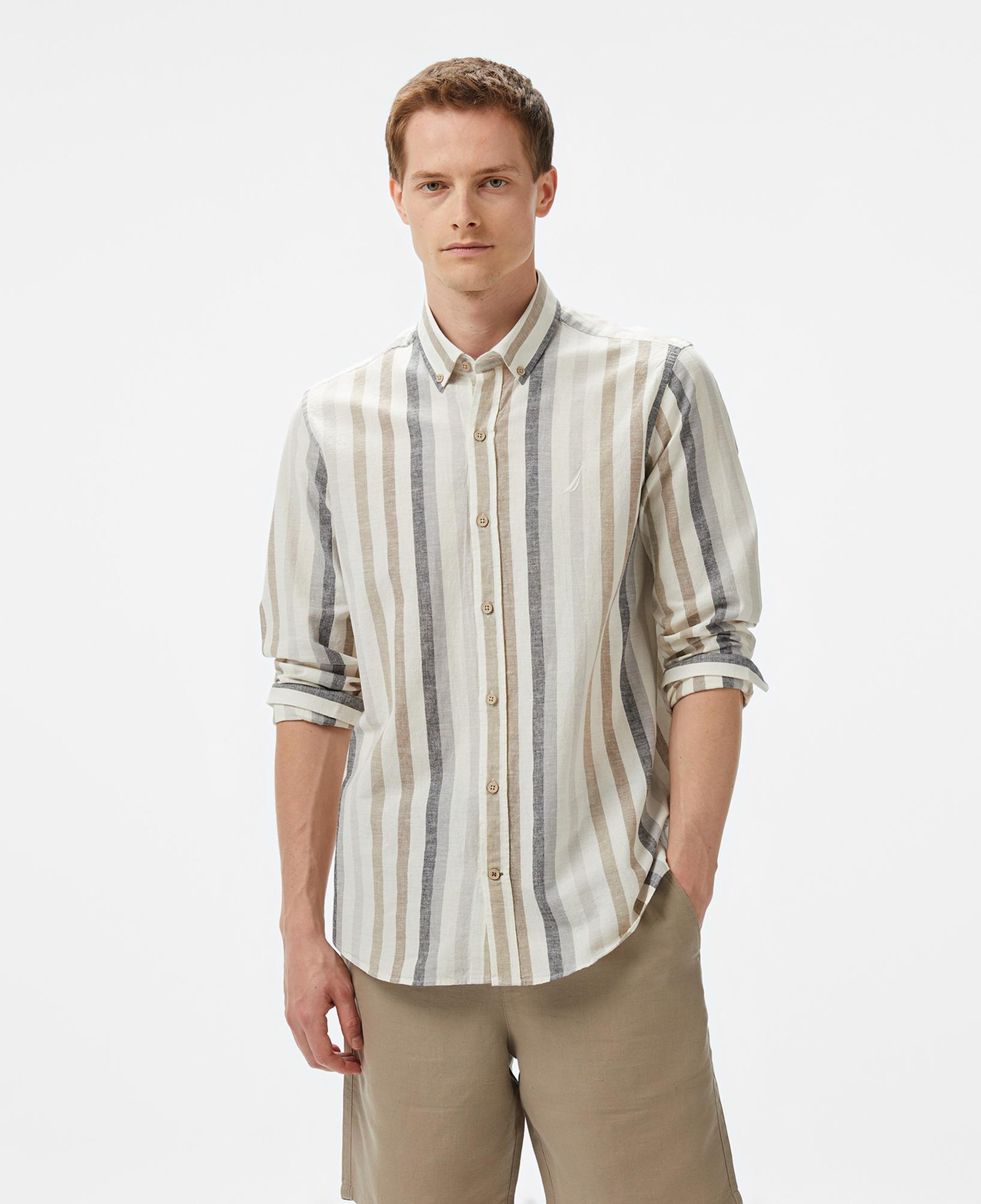 Nautica Erkek Kahverengi Classic Fit Çizgili Gömlek