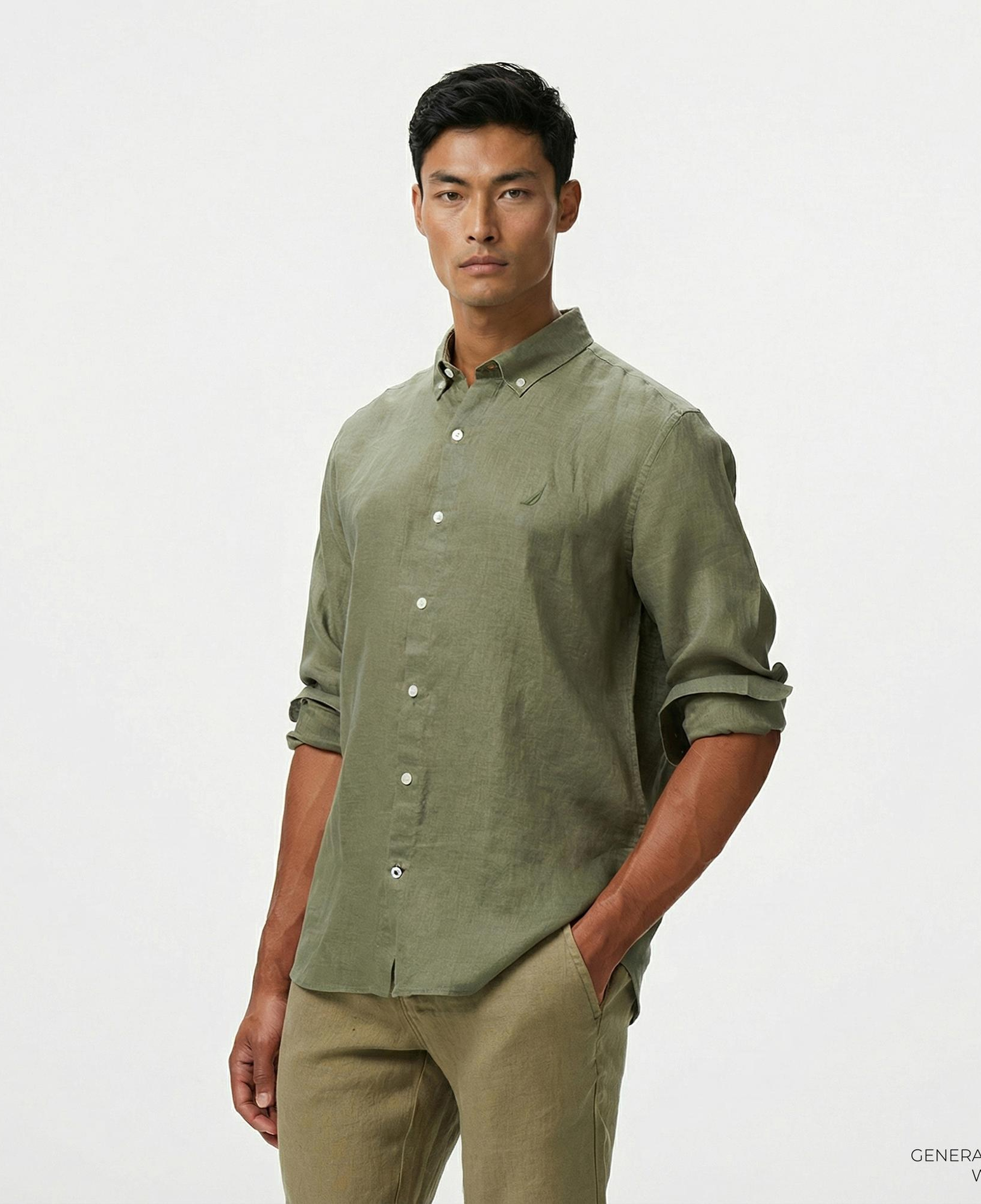Nautica Erkek Yeşil Classic Fit Keten Gömlek