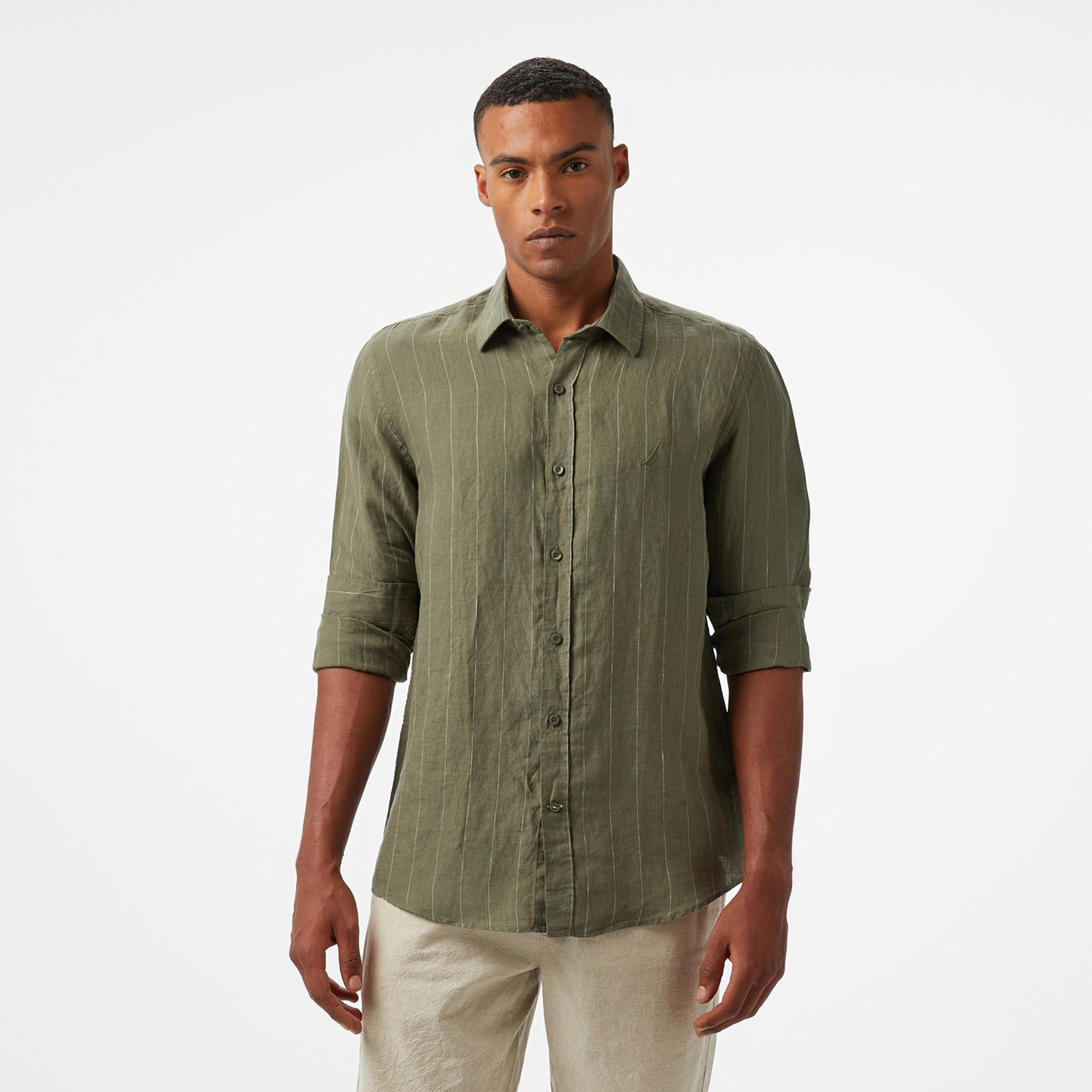 Nautica Erkek Yeşil Classic Fit Çizgili Gömlek