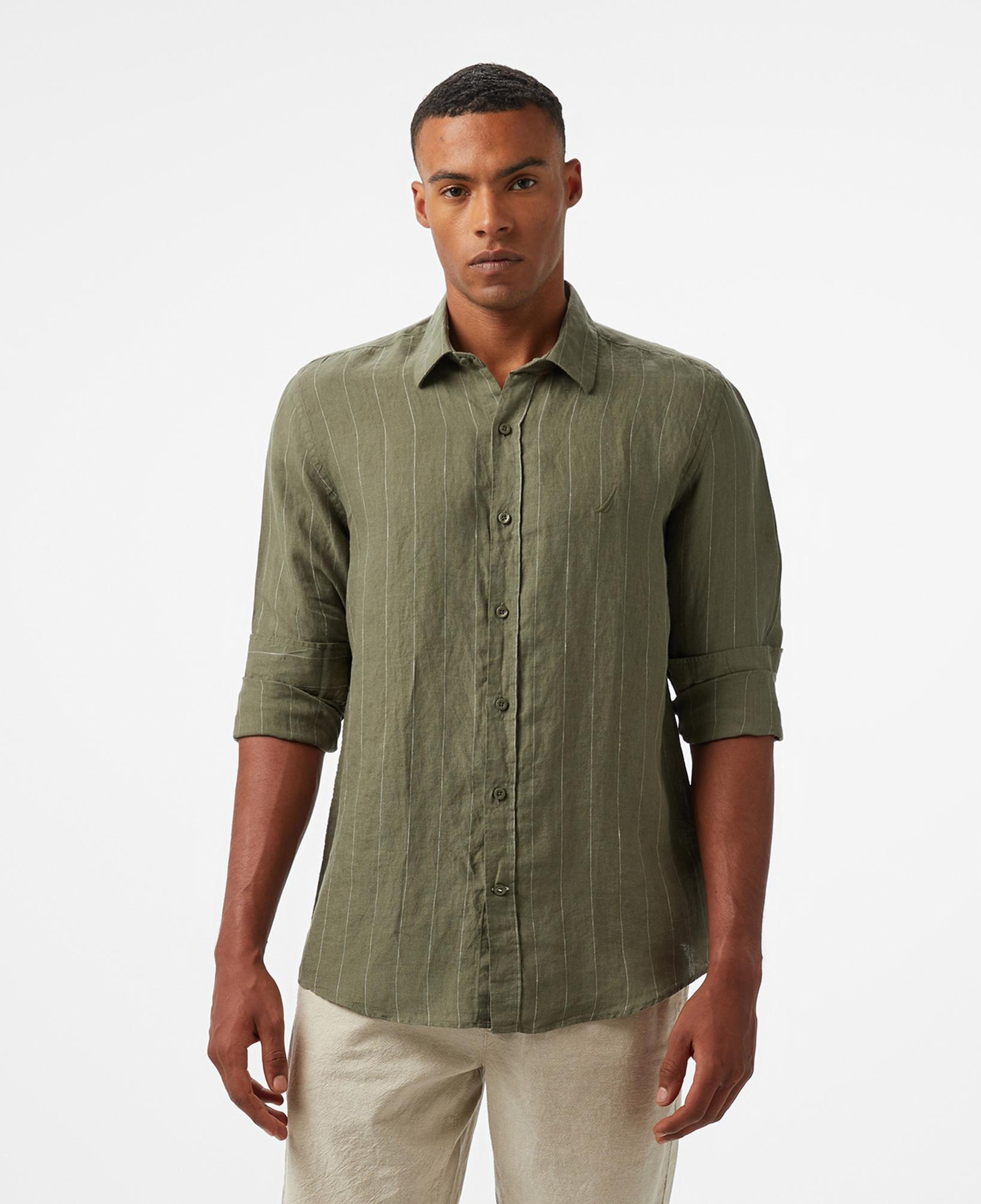 Nautica Erkek Yeşil Classic Fit Çizgili Gömlek