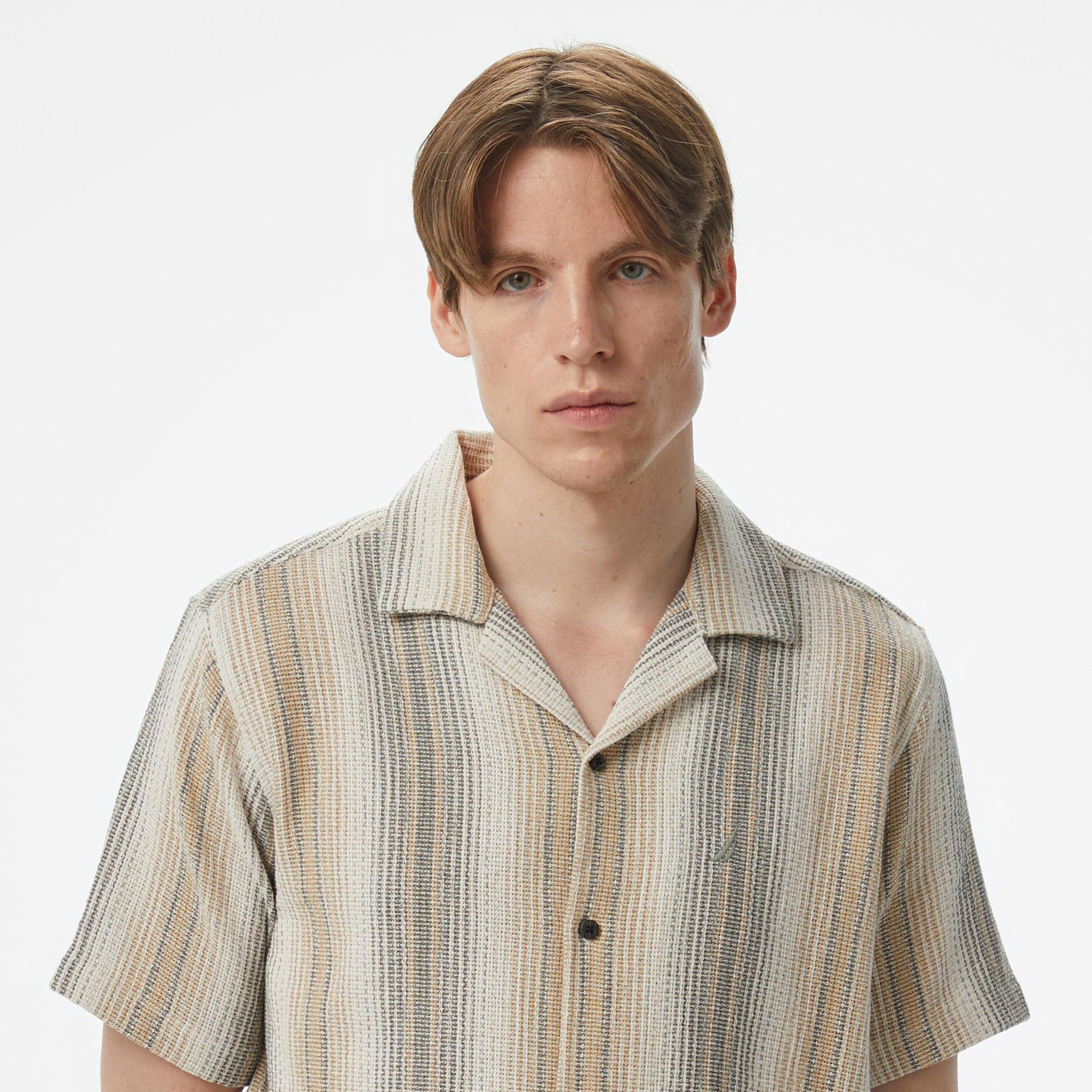 Nautica Erkek Bej Classic Fit Çizgili Gömlek