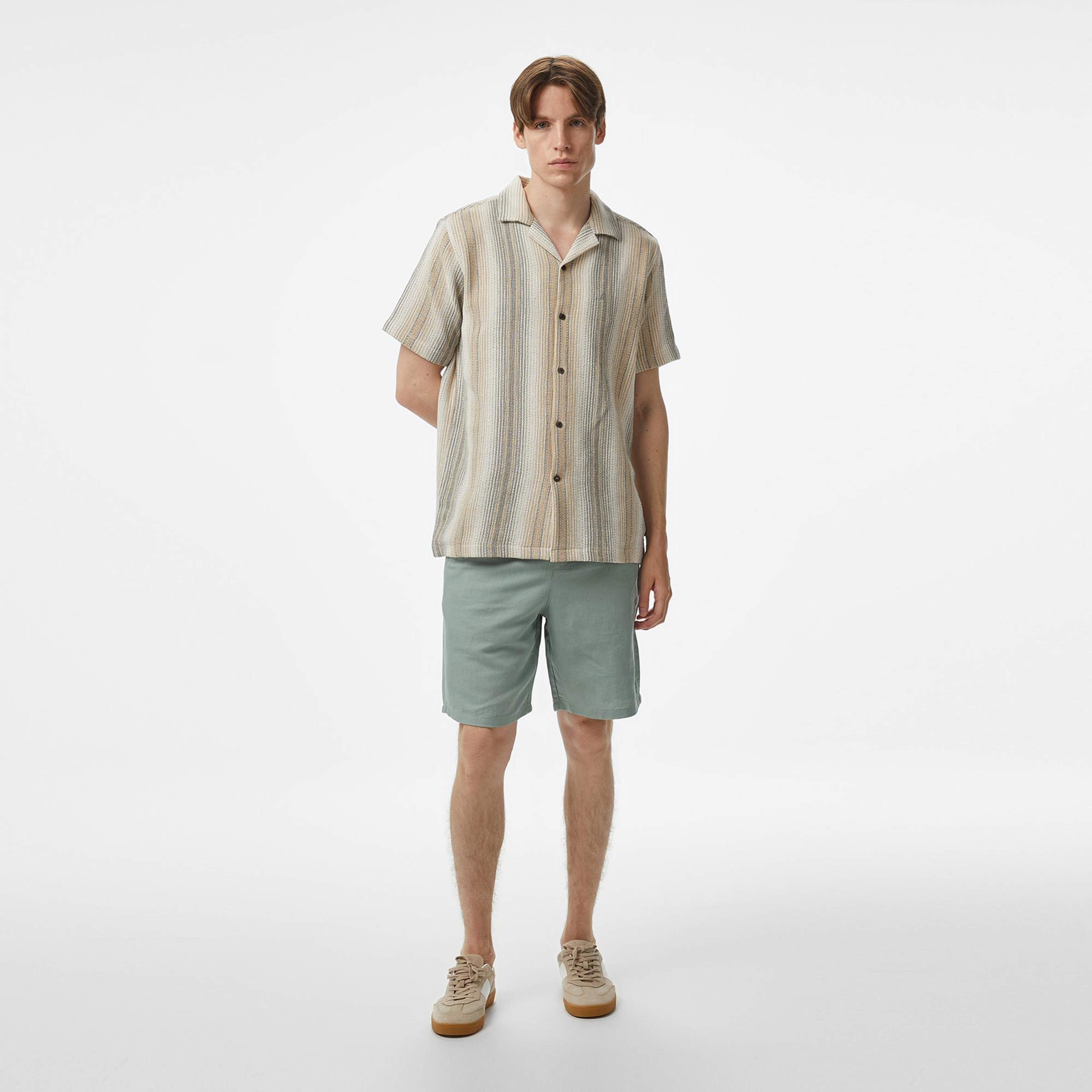 Nautica Erkek Bej Classic Fit Çizgili Gömlek