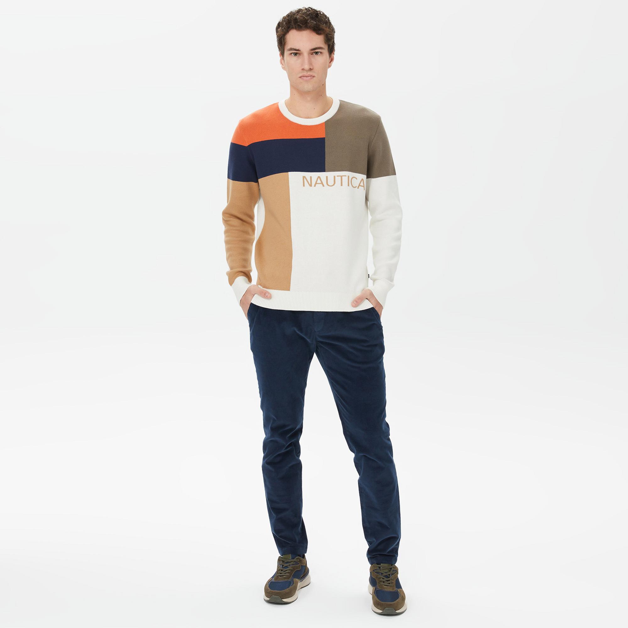 Nautica Erkek Beyaz Standart Fit Renk Bloklu Triko