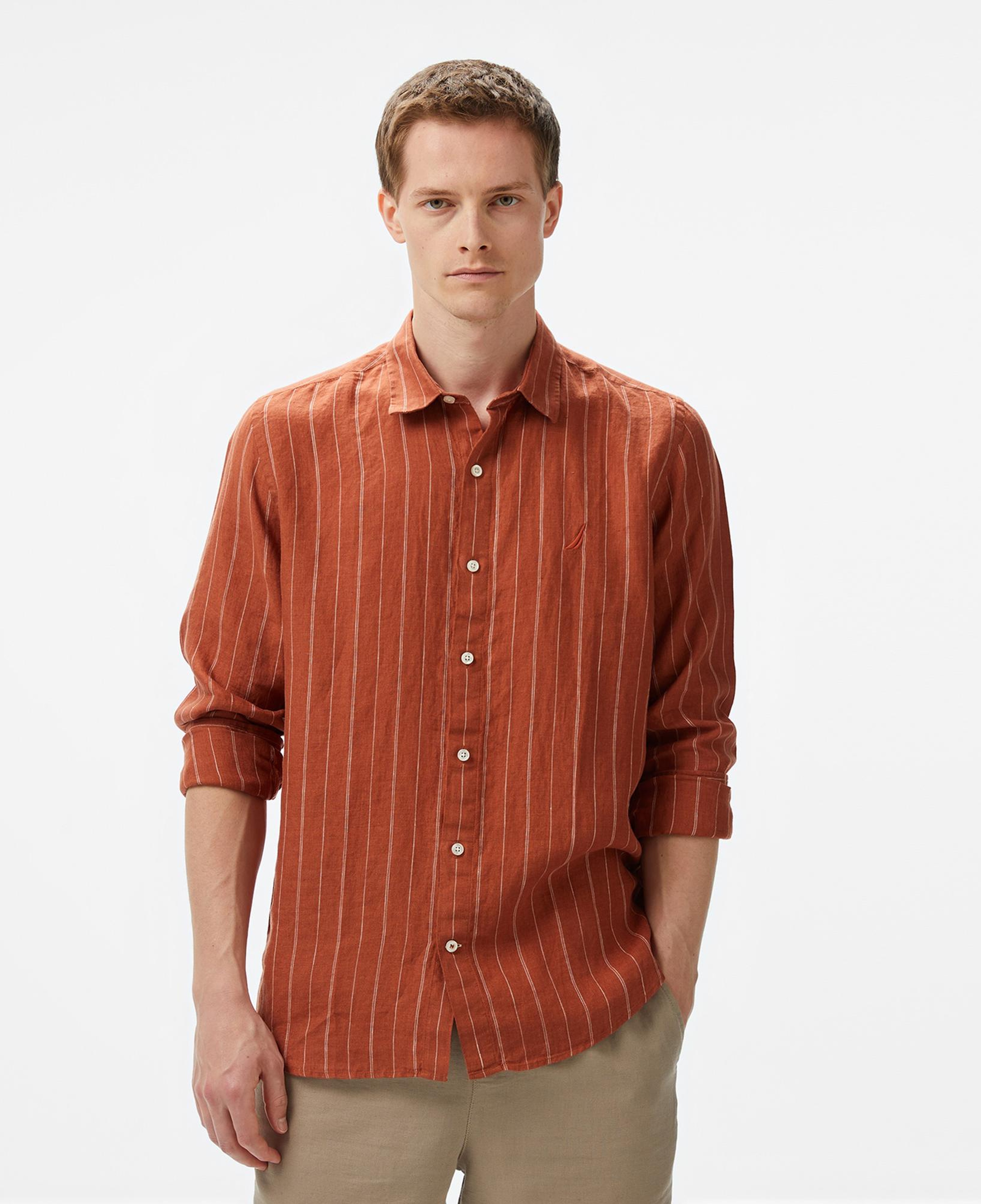 Nautica Erkek Kırmızı Classic Fit Çizgili Keten Gömlek