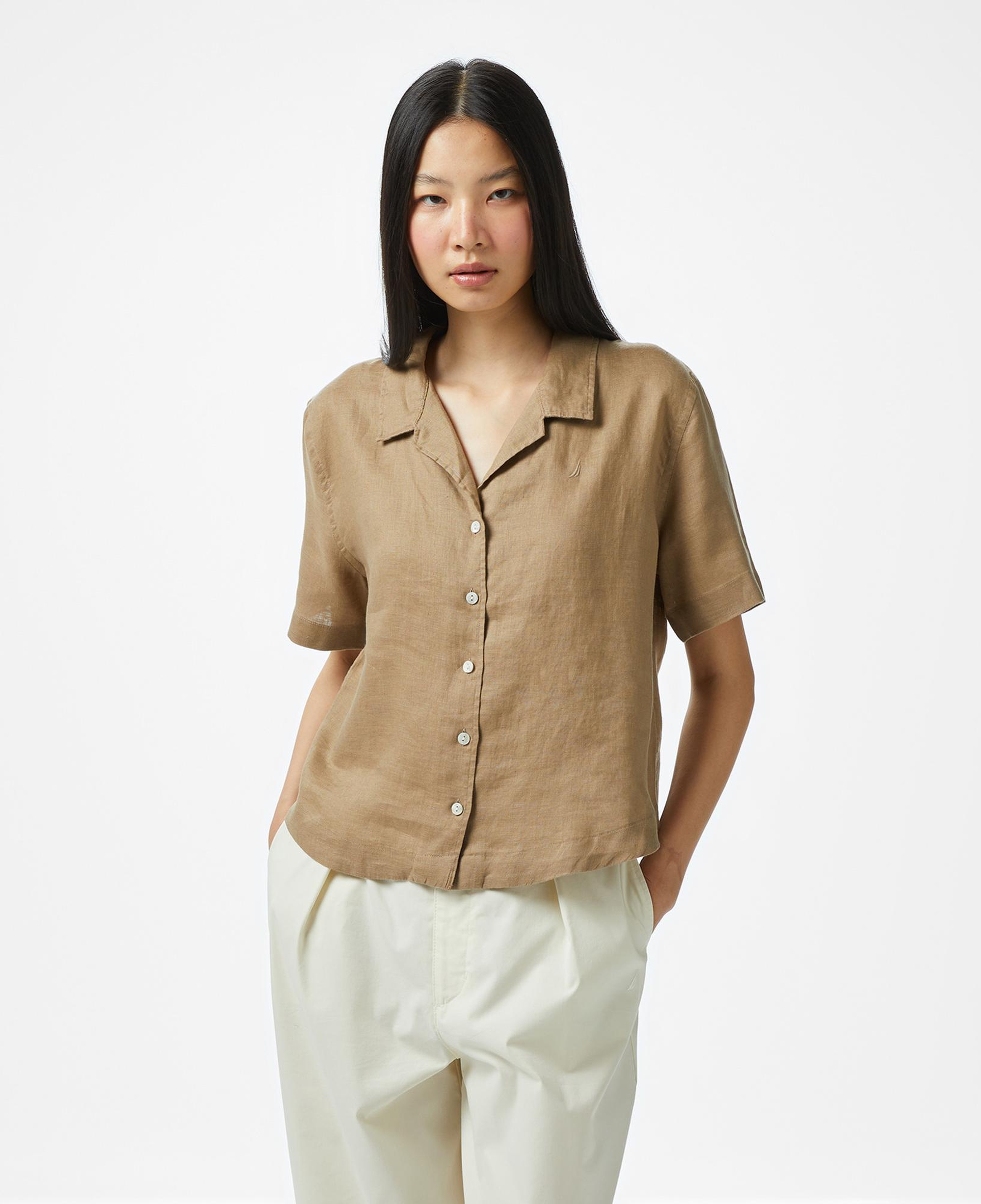 Nautica Kadın Kahverengi Regular Fit Keten Gömlek