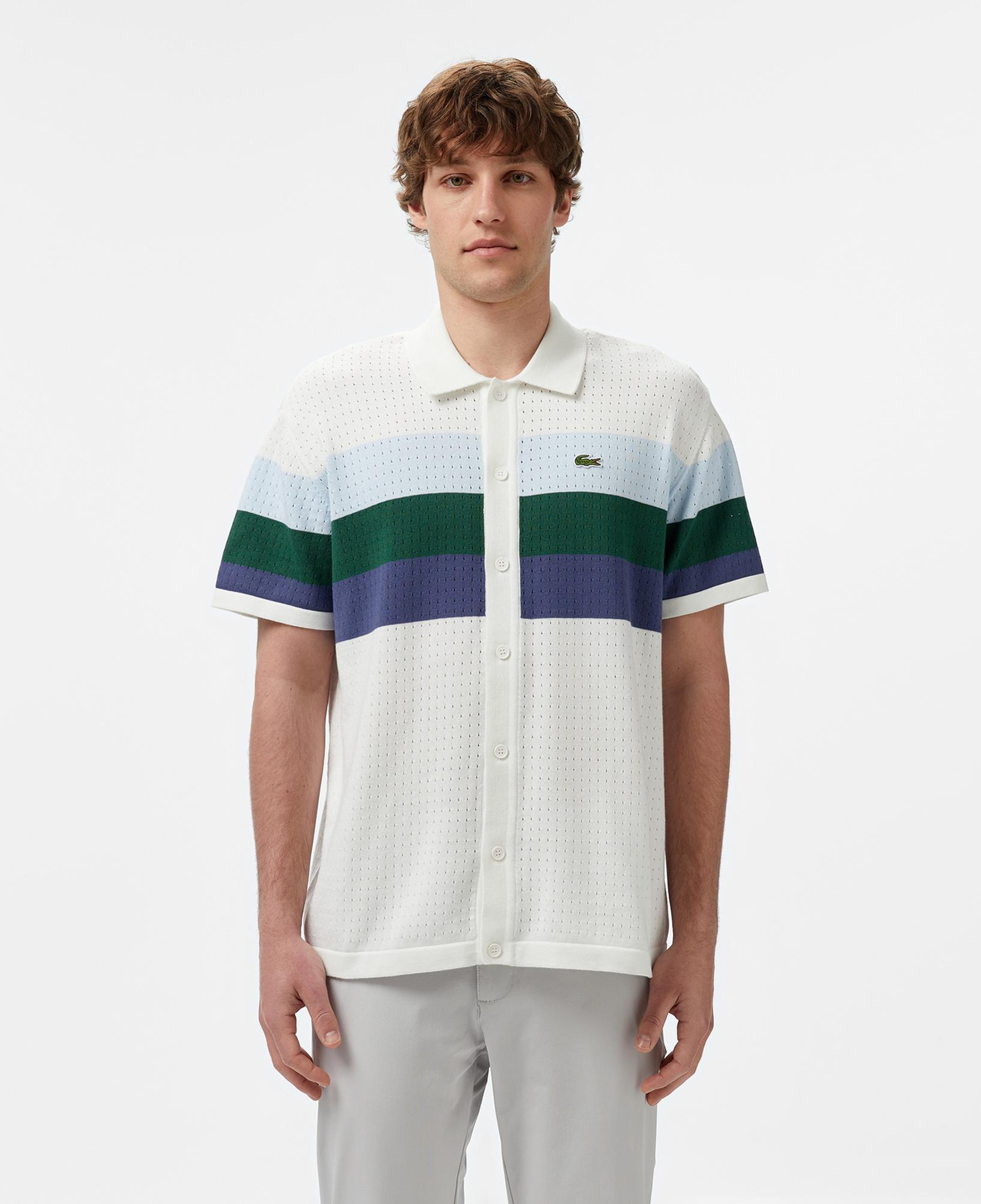 Lacoste Erkek Kısa Kollu Polo Yaka Çizgili Beyaz Triko