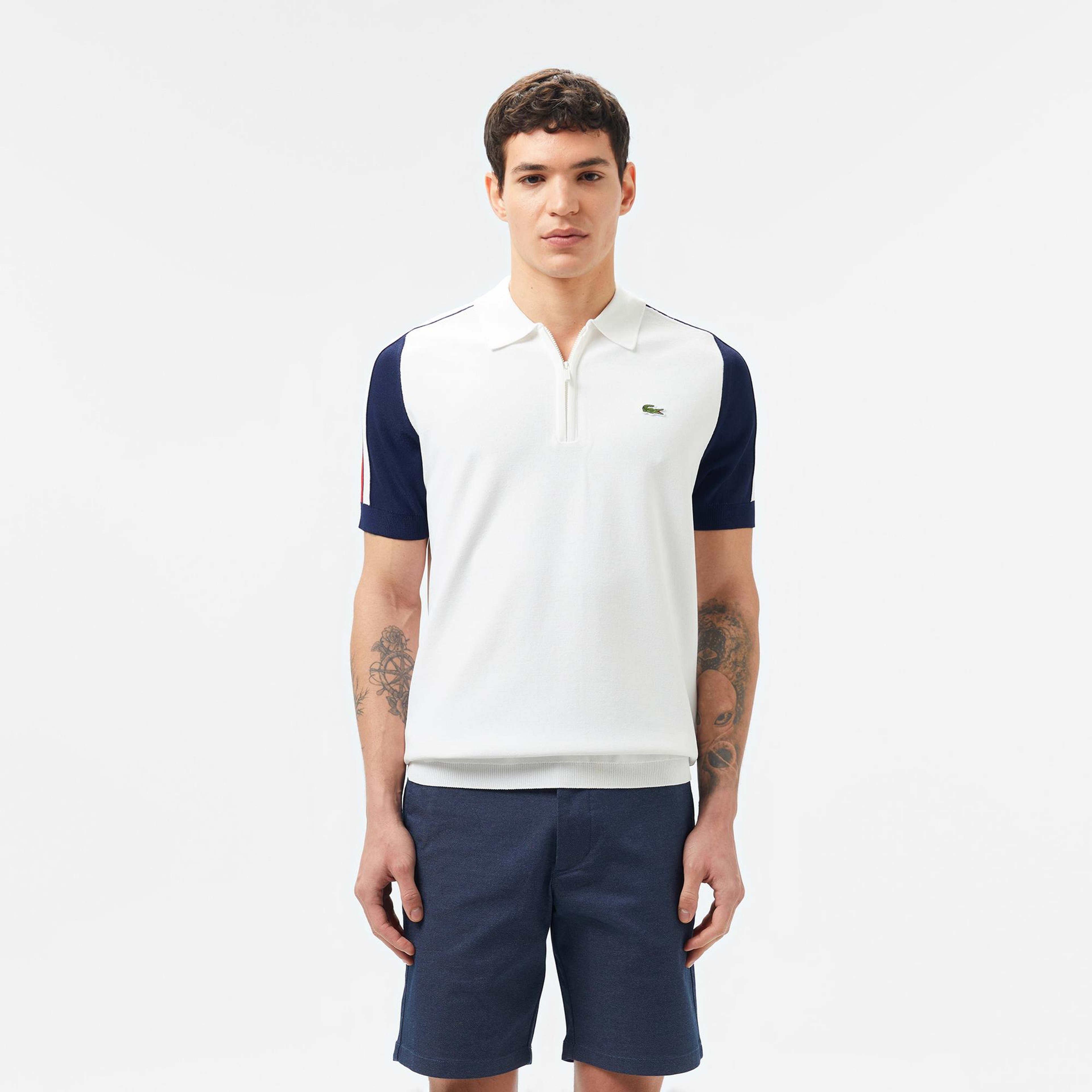 Lacoste Erkek Kısa Kollu Yarım Fermuarlı Renk Bloklu Beyaz Triko