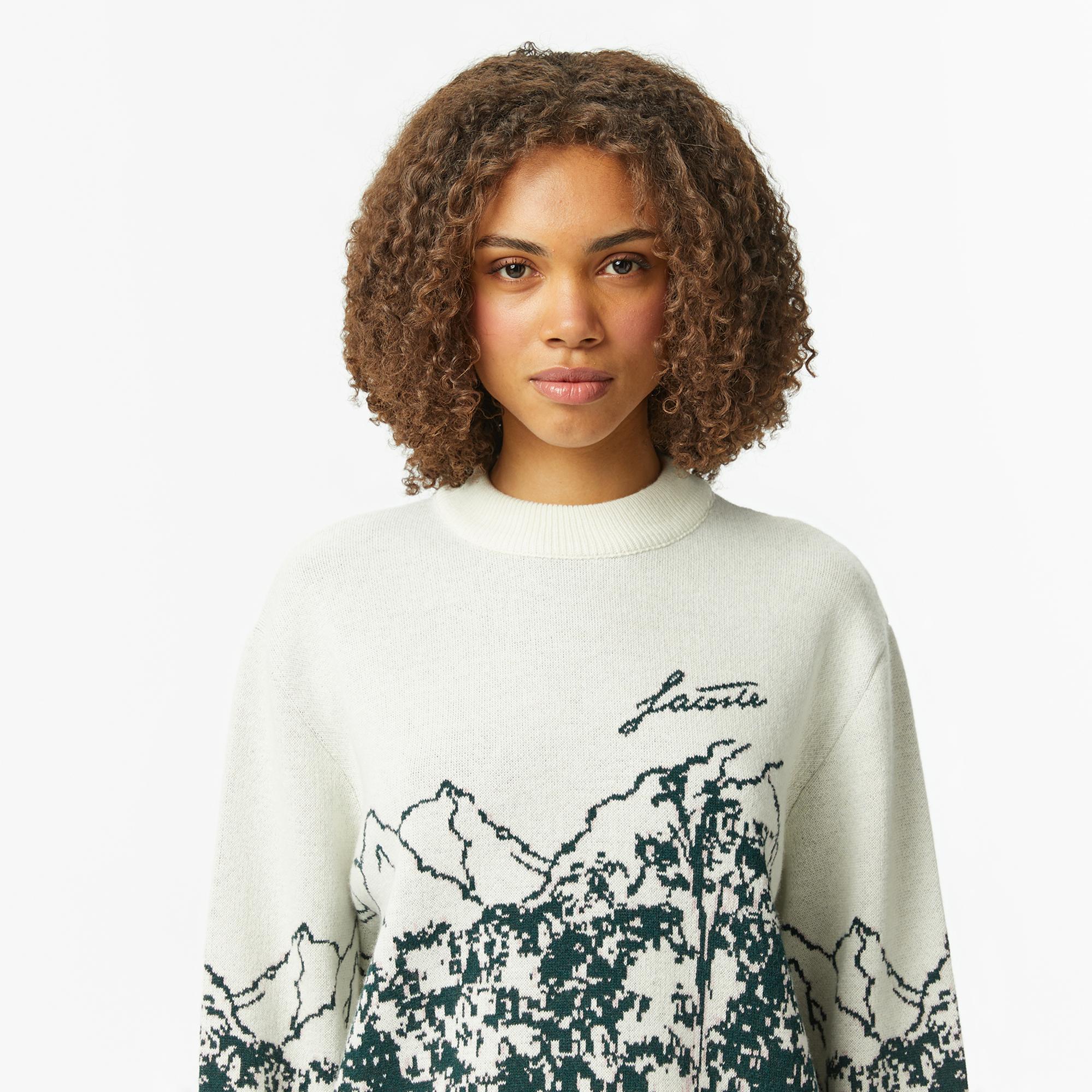 Lacoste Kadın Relaxed Fit Bisiklet Yaka Desenli Krem Kazak