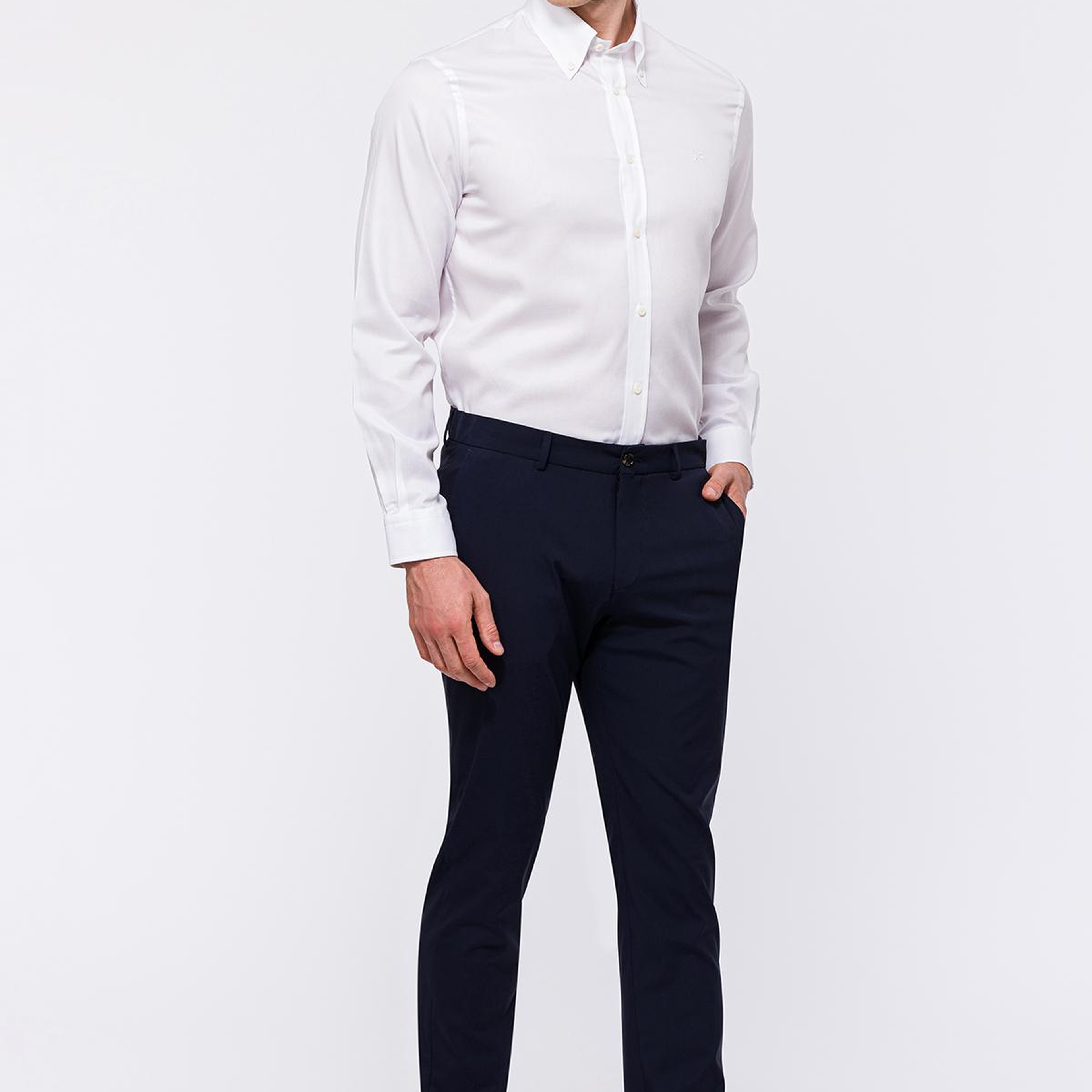 Erkek Beyaz Cooper Fit Düğmeli Yaka Klasik Gömlek