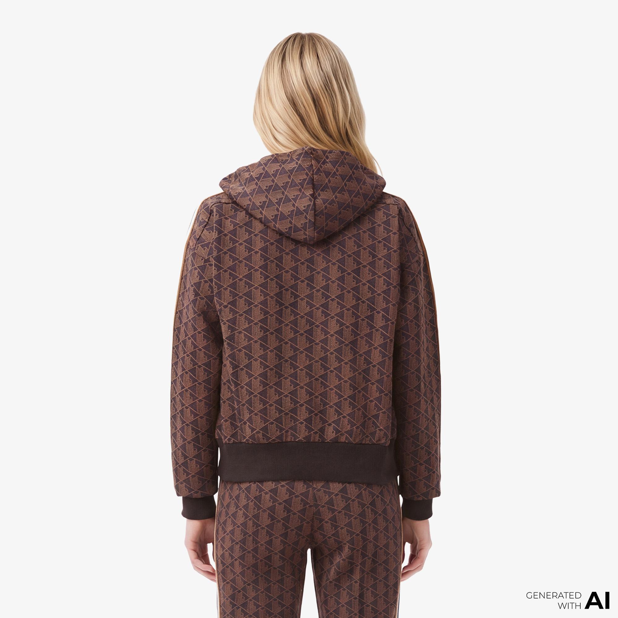 Lacoste Kadın Regular Fit Kapüşonlu Monogram Kahverengi Sweatshirt