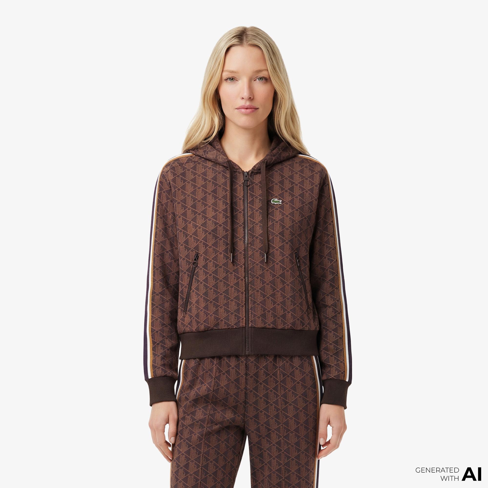 Lacoste Kadın Regular Fit Kapüşonlu Monogram Kahverengi Sweatshirt