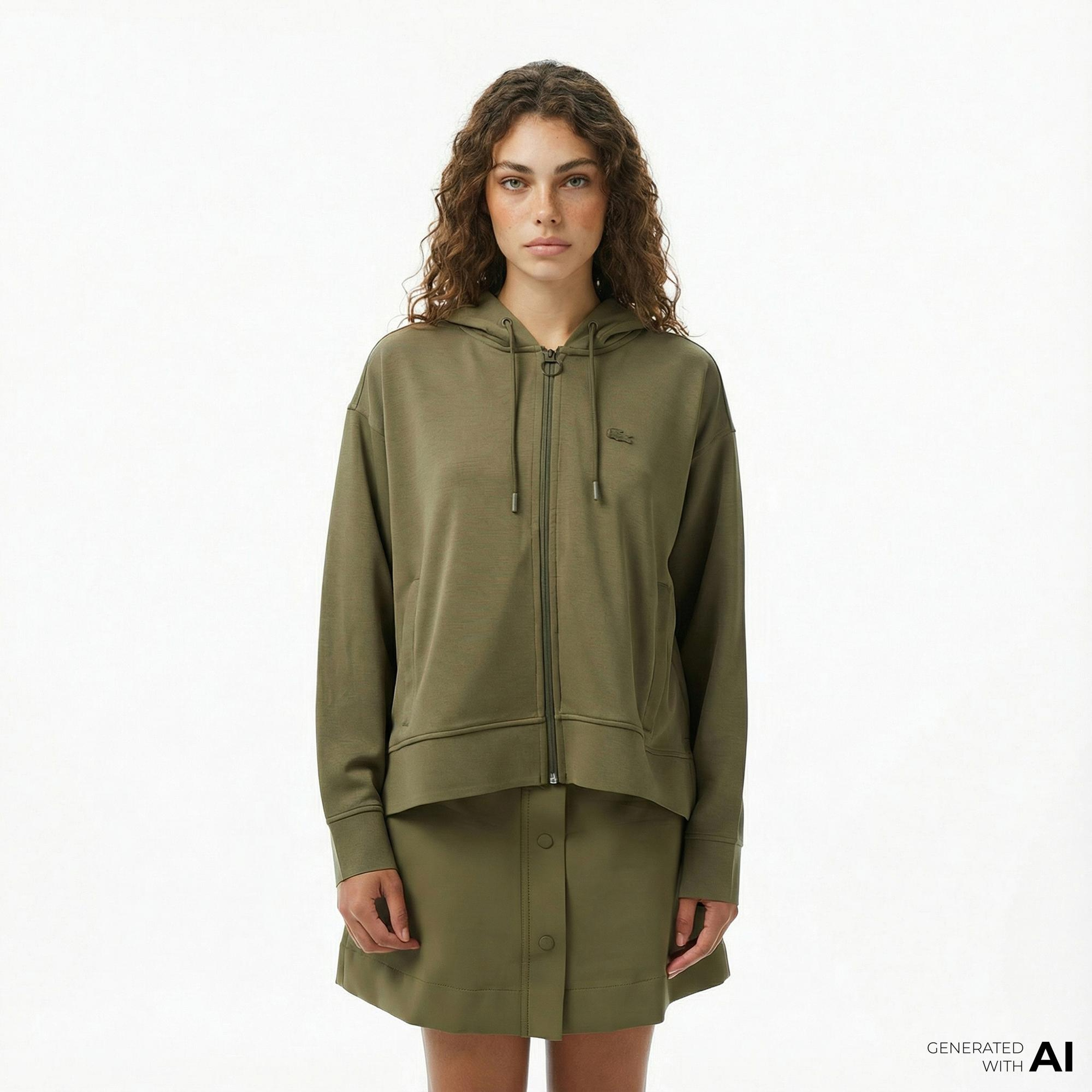 Lacoste Kadın Relaxed Fit Kapüşonlu Haki Sweatshirt