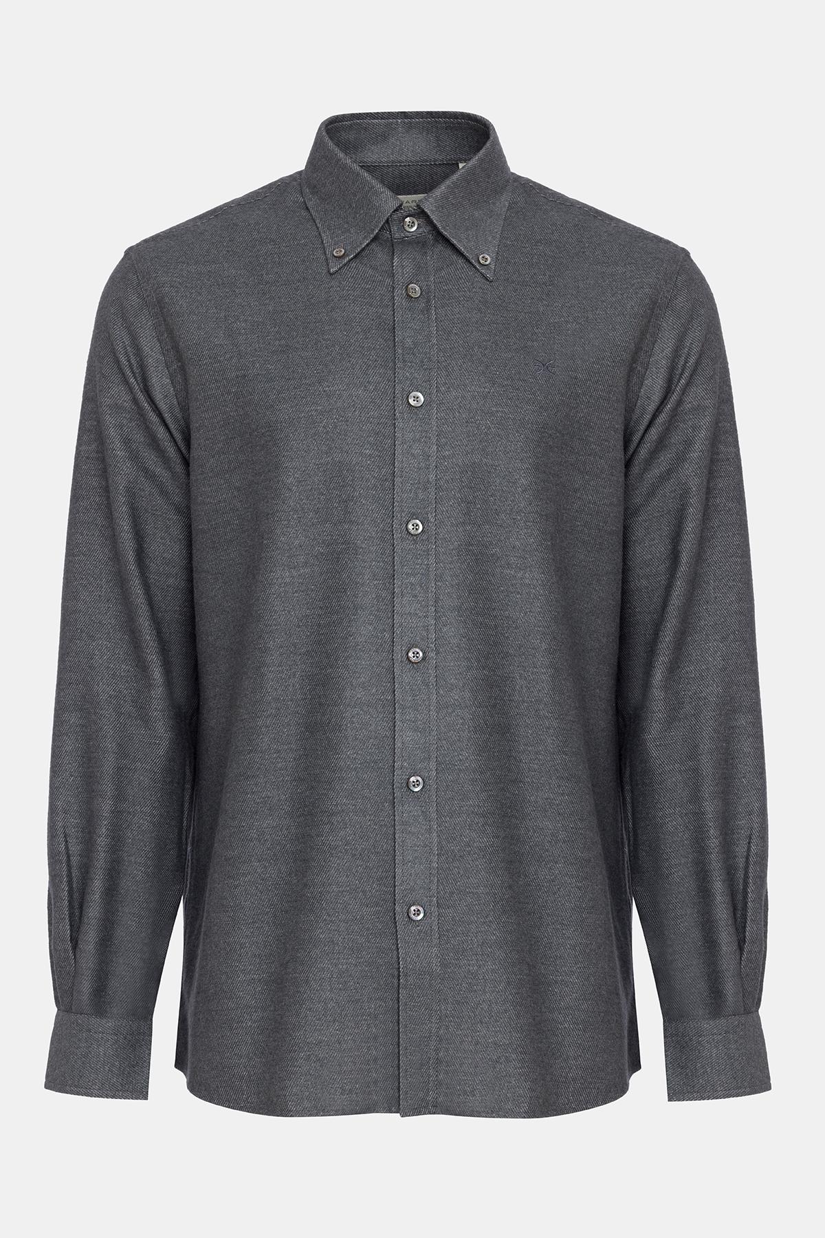 Erkek Koyu Gri Cooper Fit Düğmeli Yaka Flannel Gömlek