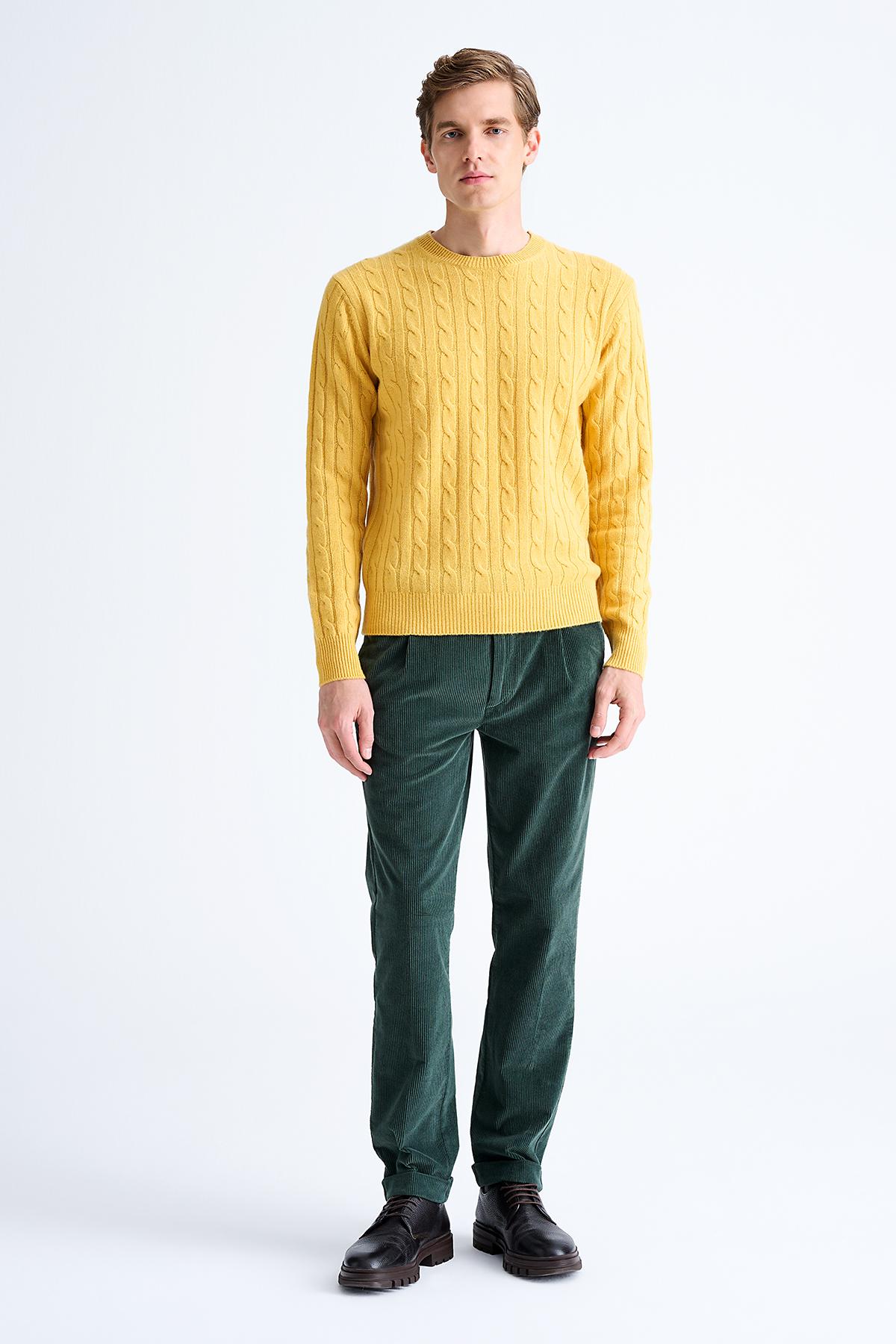 Erkek Sarı Bisiklet Yaka Saç Örgülü Kaşmir Kazak