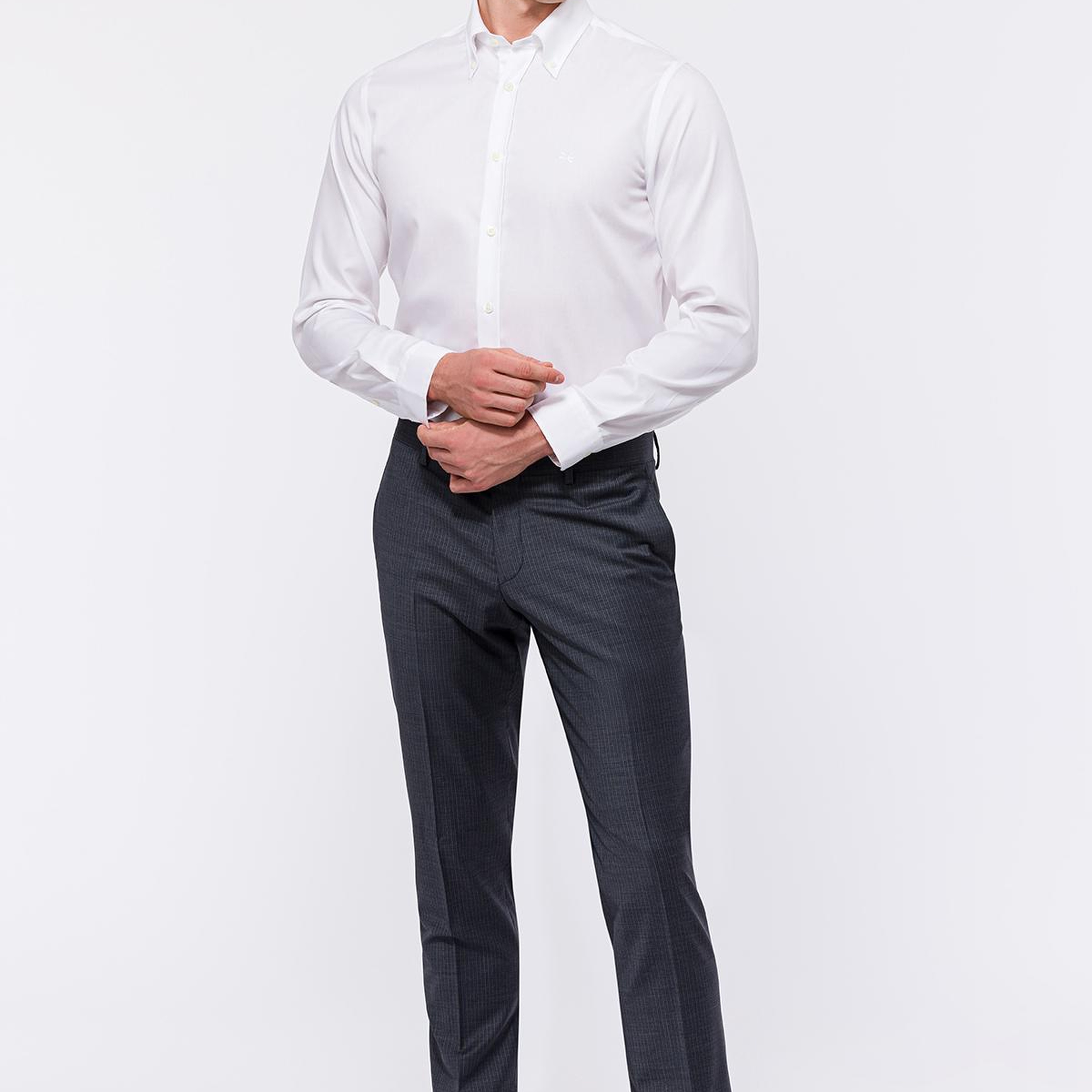 Erkek Beyaz Cooper Fit Düğmeli Yaka Non-Iron Spor Gömlek