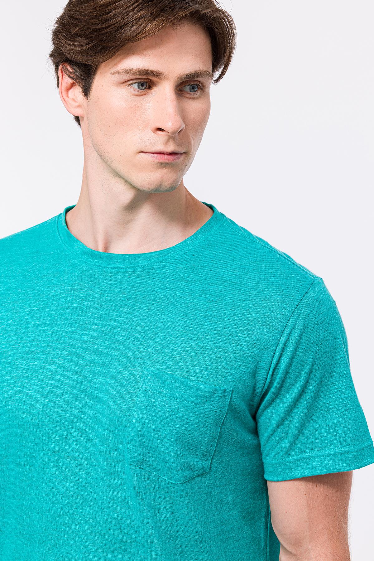 Erkek Petrol Bisiklet Yaka Keten T-Shirt