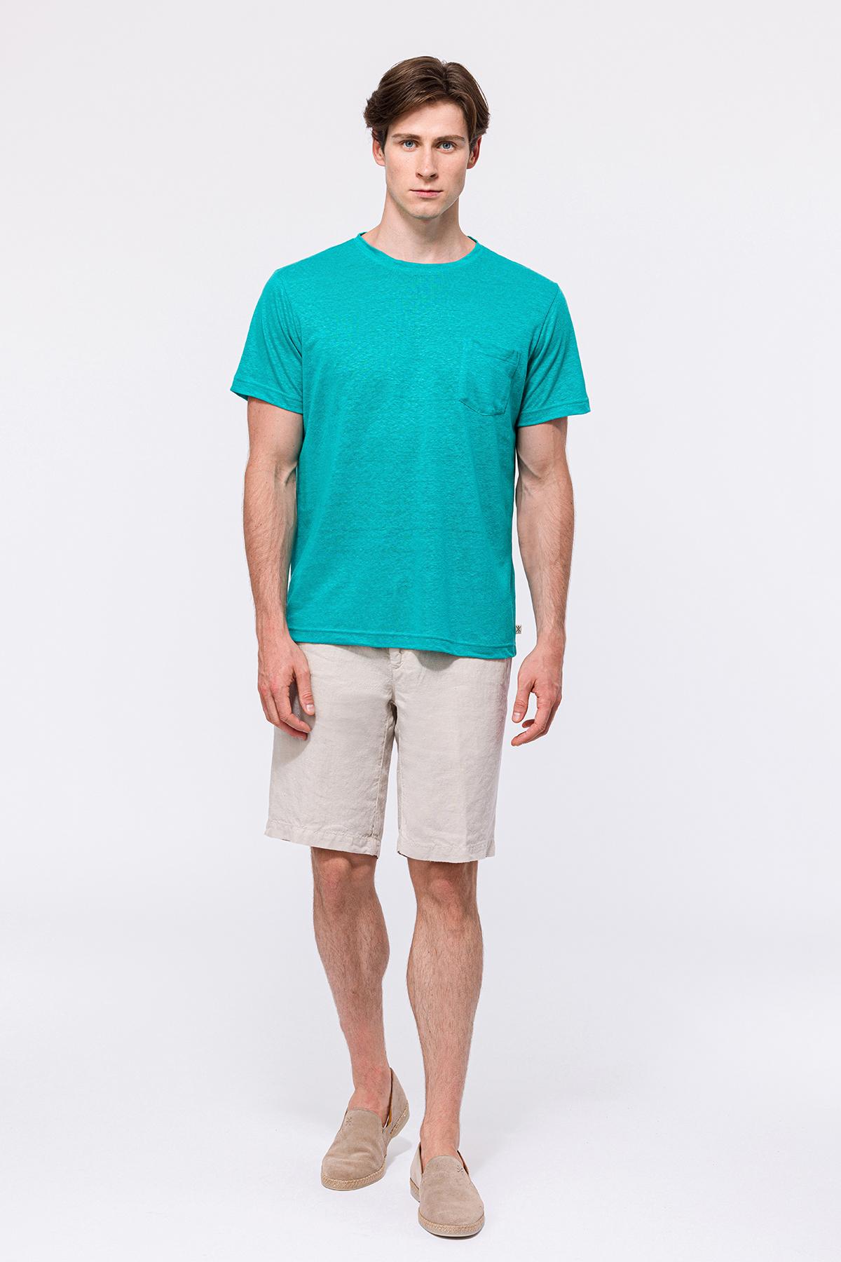 Erkek Petrol Bisiklet Yaka Keten T-Shirt