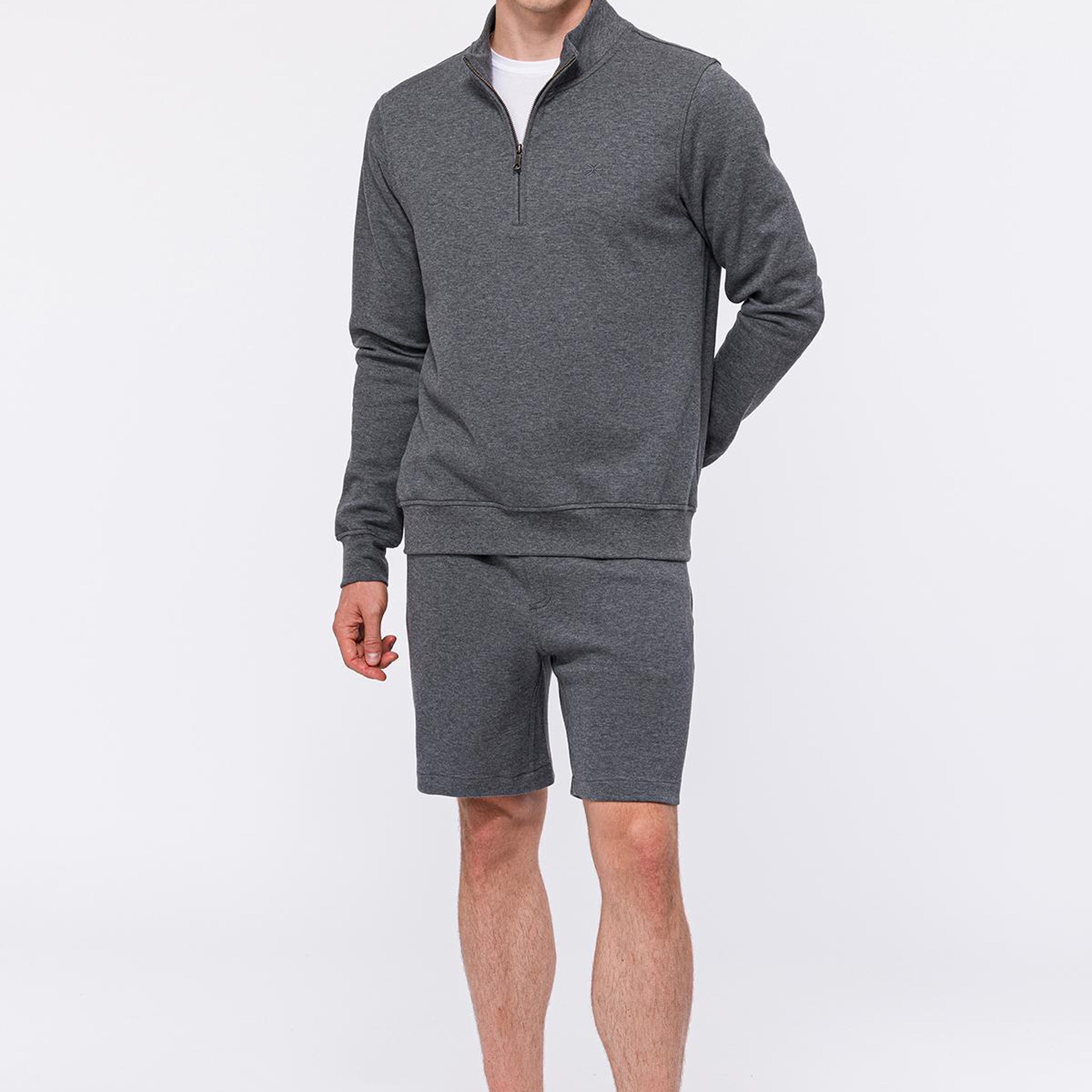 Erkek Gri Melanj Yarım Fermuarlı Organik Pamuklu Sweatshirt