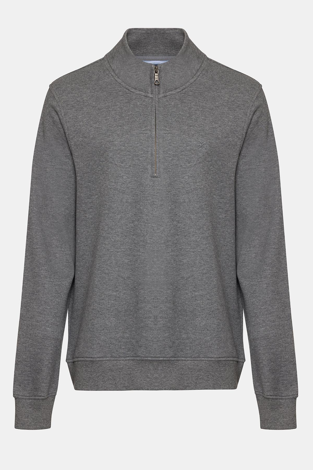 Erkek Gri Melanj Yarım Fermuarlı Organik Pamuklu Sweatshirt