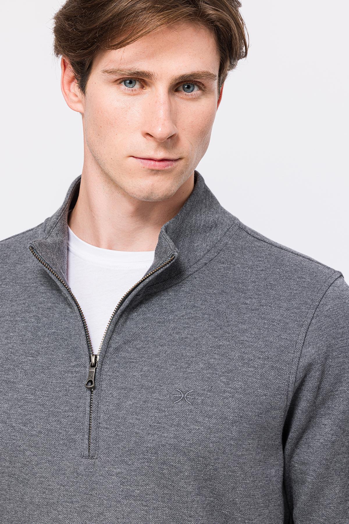 Erkek Gri Melanj Yarım Fermuarlı Organik Pamuklu Sweatshirt