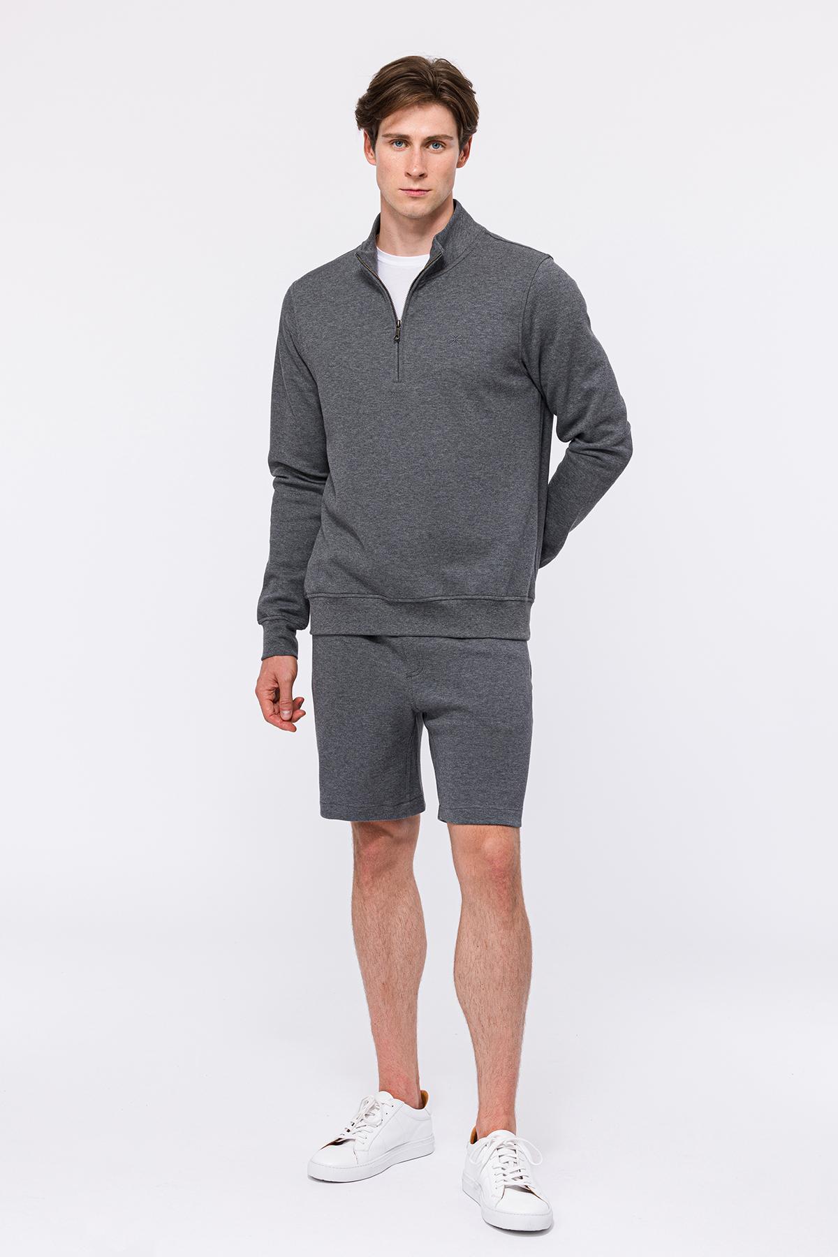 Erkek Gri Melanj Yarım Fermuarlı Organik Pamuklu Sweatshirt