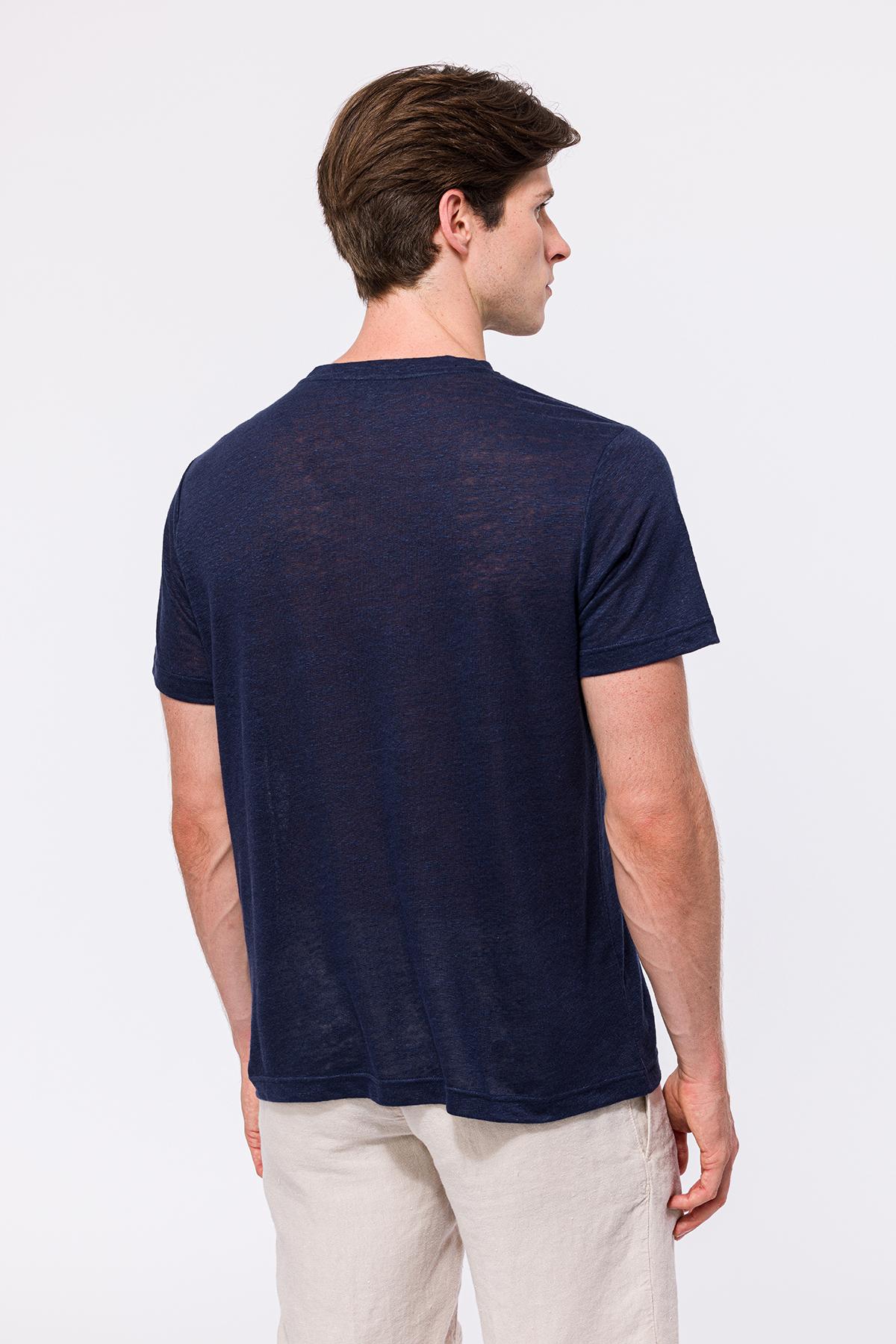 Erkek Lacivert Bisiklet Yaka Keten T-Shirt