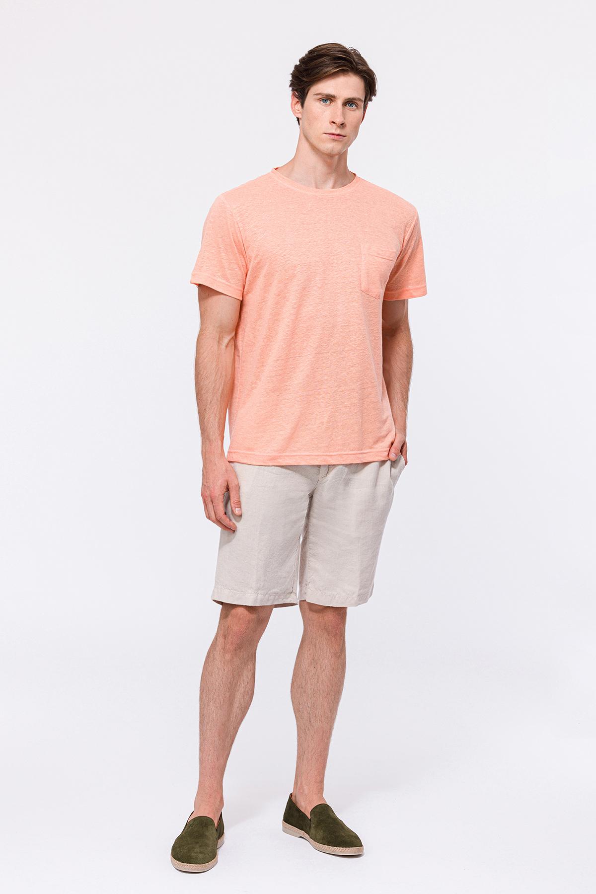 Erkek Pembe Bisiklet Yaka Keten T-Shirt