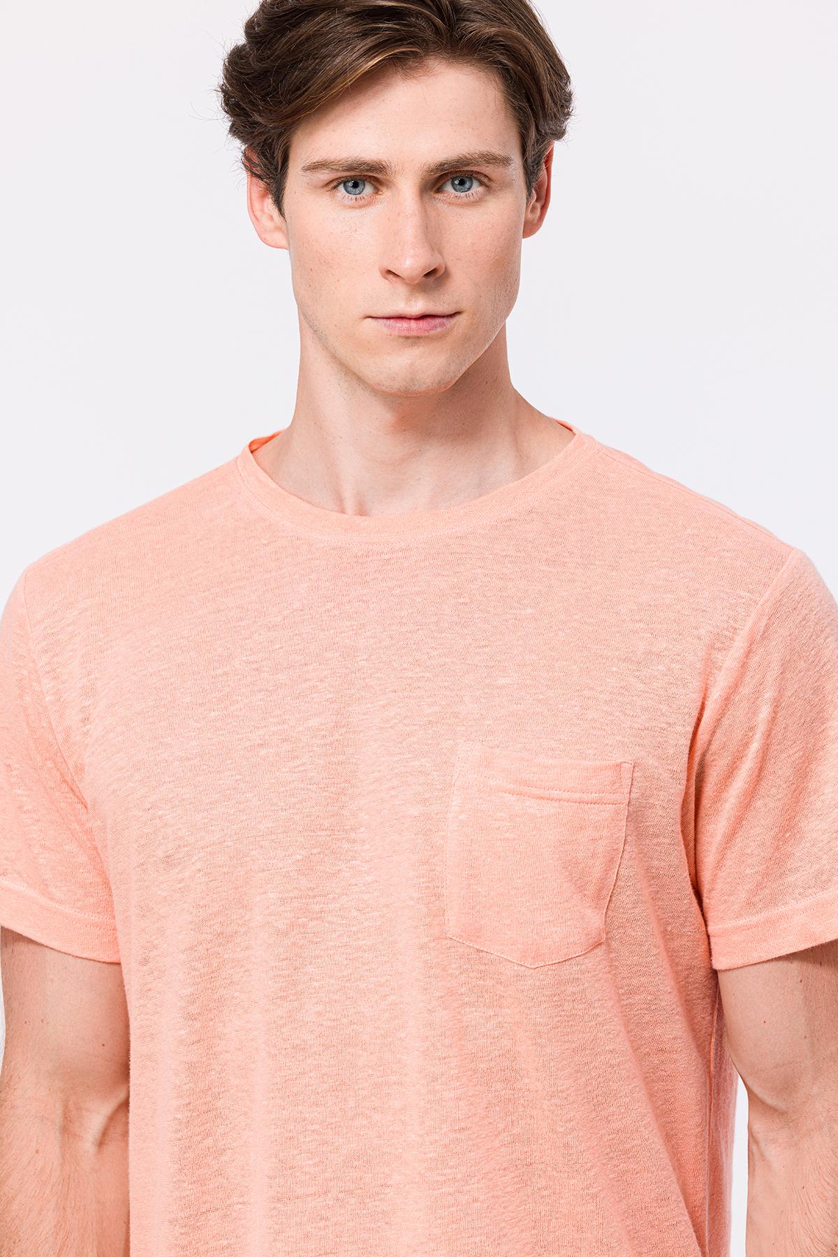 Erkek Pembe Bisiklet Yaka Keten T-Shirt