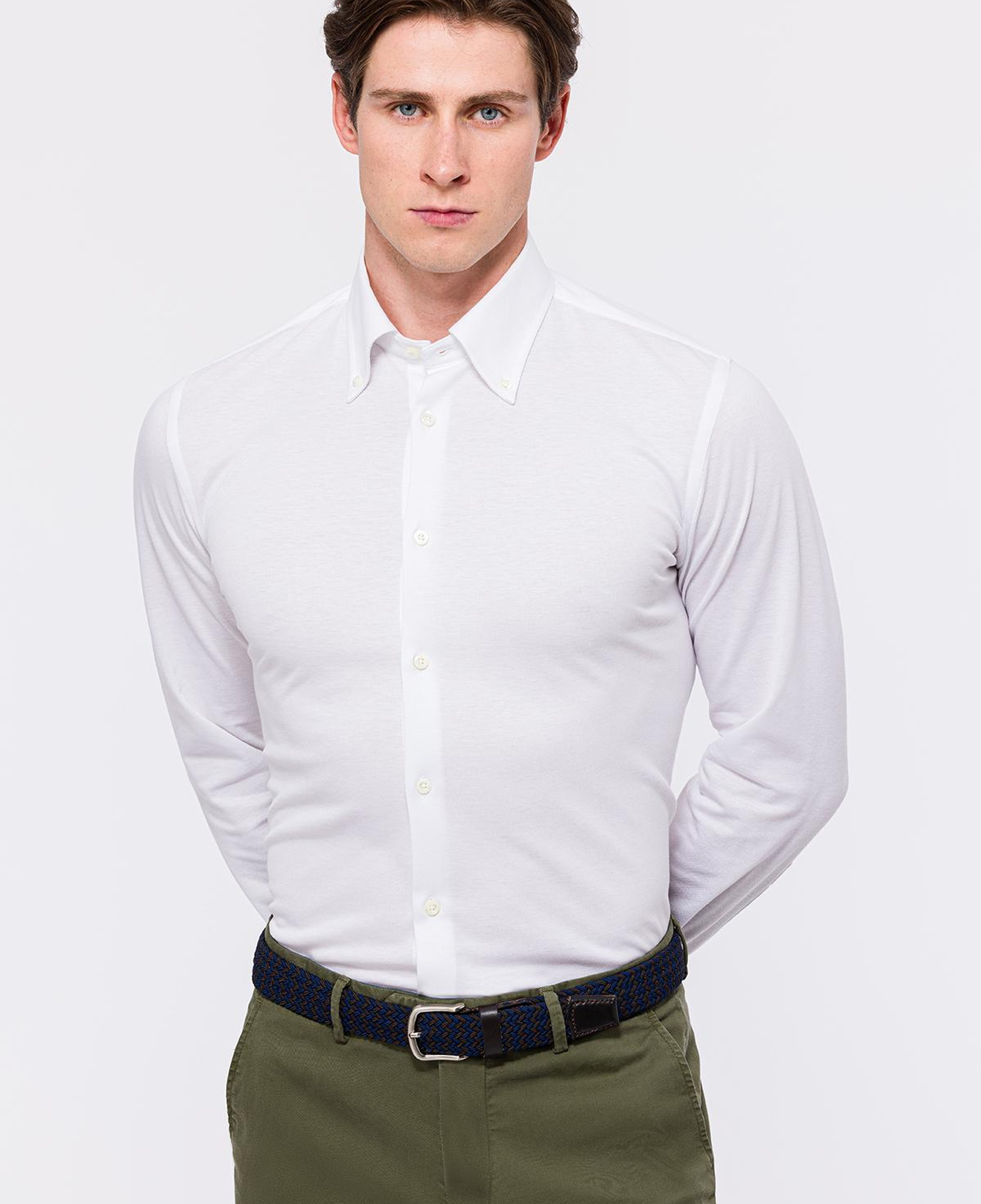 Erkek Beyaz Cooper Fit Düğmeli Yaka Pike Gömlek
