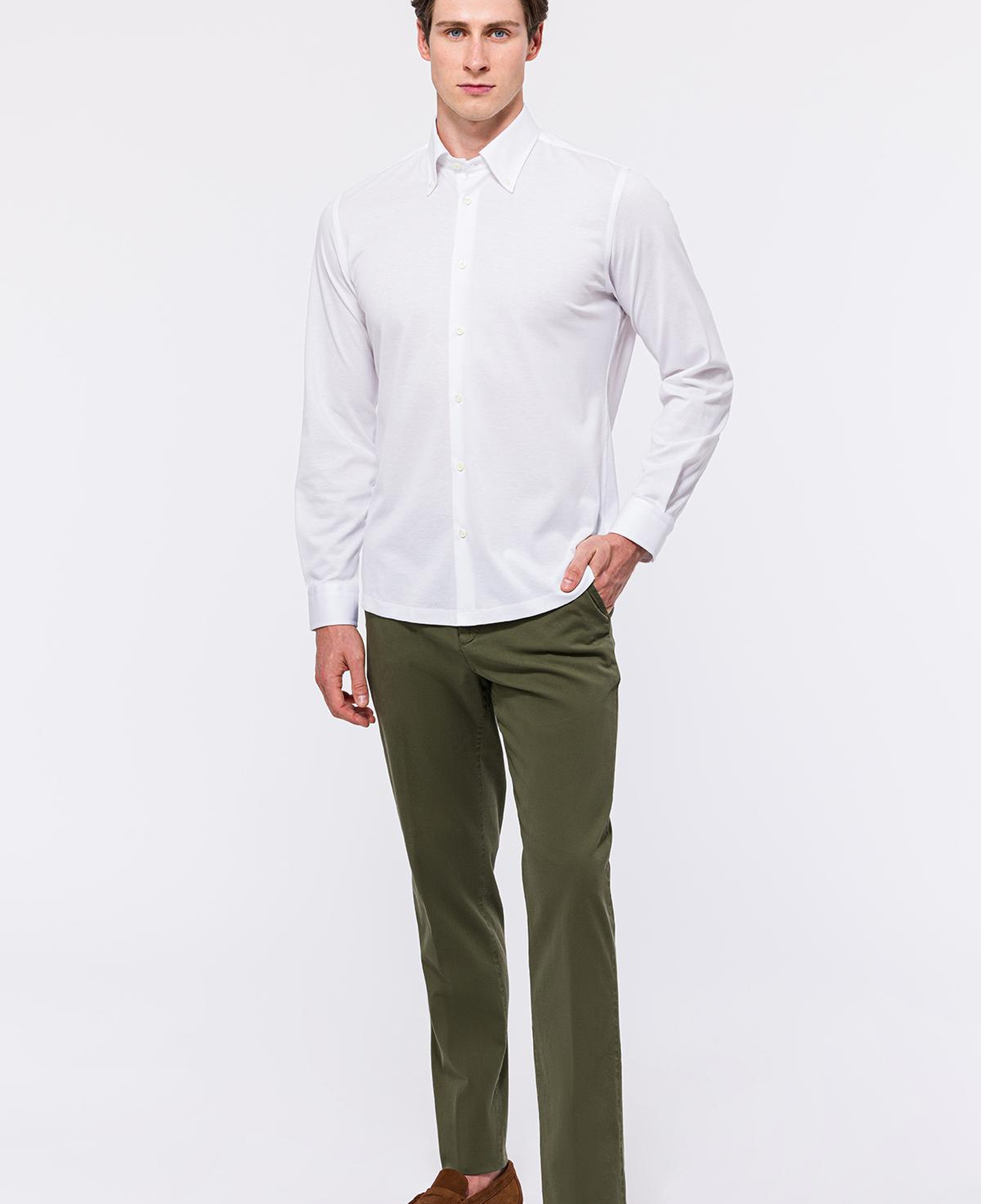 Erkek Beyaz Cooper Fit Düğmeli Yaka Pike Gömlek