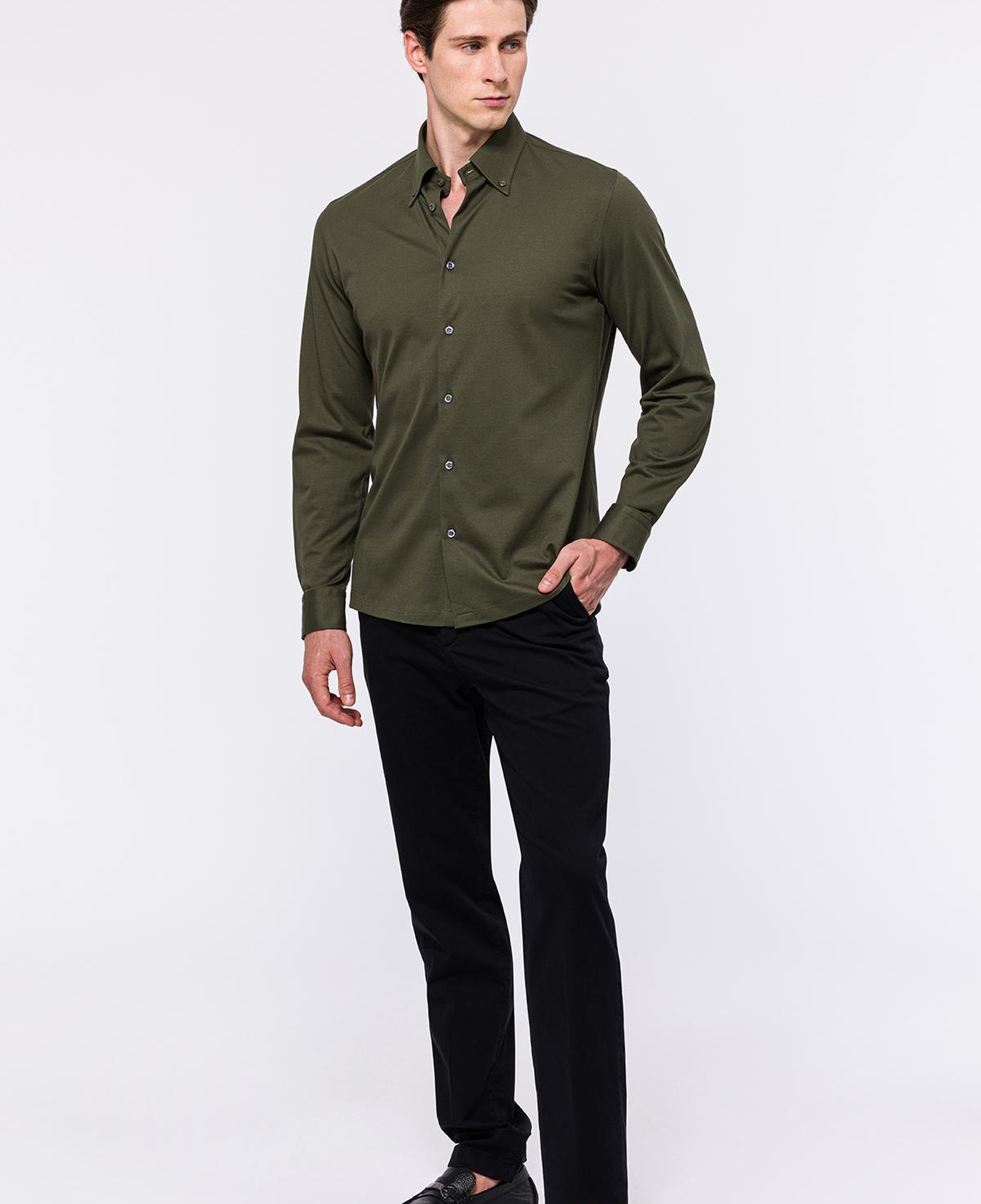 Erkek Yeşil Cooper Fit Düğmeli Yaka Pike Gömlek