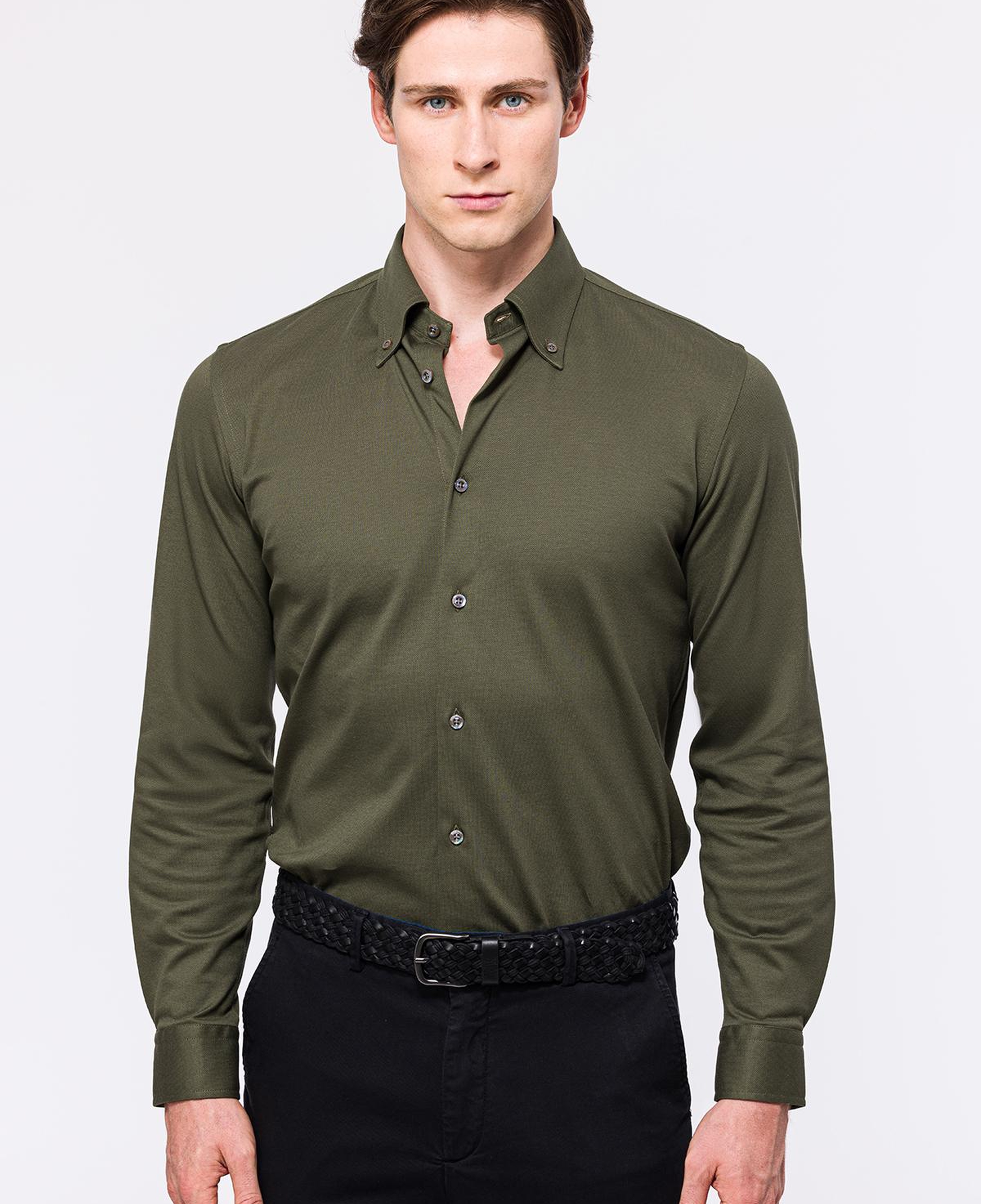 Erkek Yeşil Cooper Fit Düğmeli Yaka Pike Gömlek