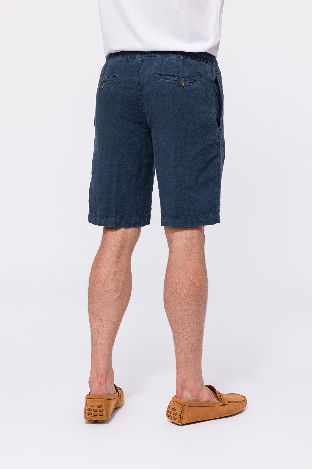 Erkek Lacivert Beli Lastikli Bağcıklı Keten Şort