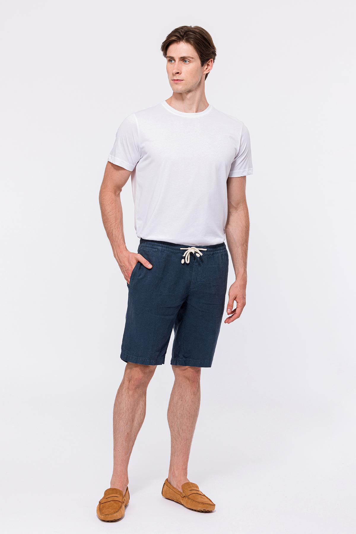 Erkek Lacivert Beli Lastikli Bağcıklı Keten Şort