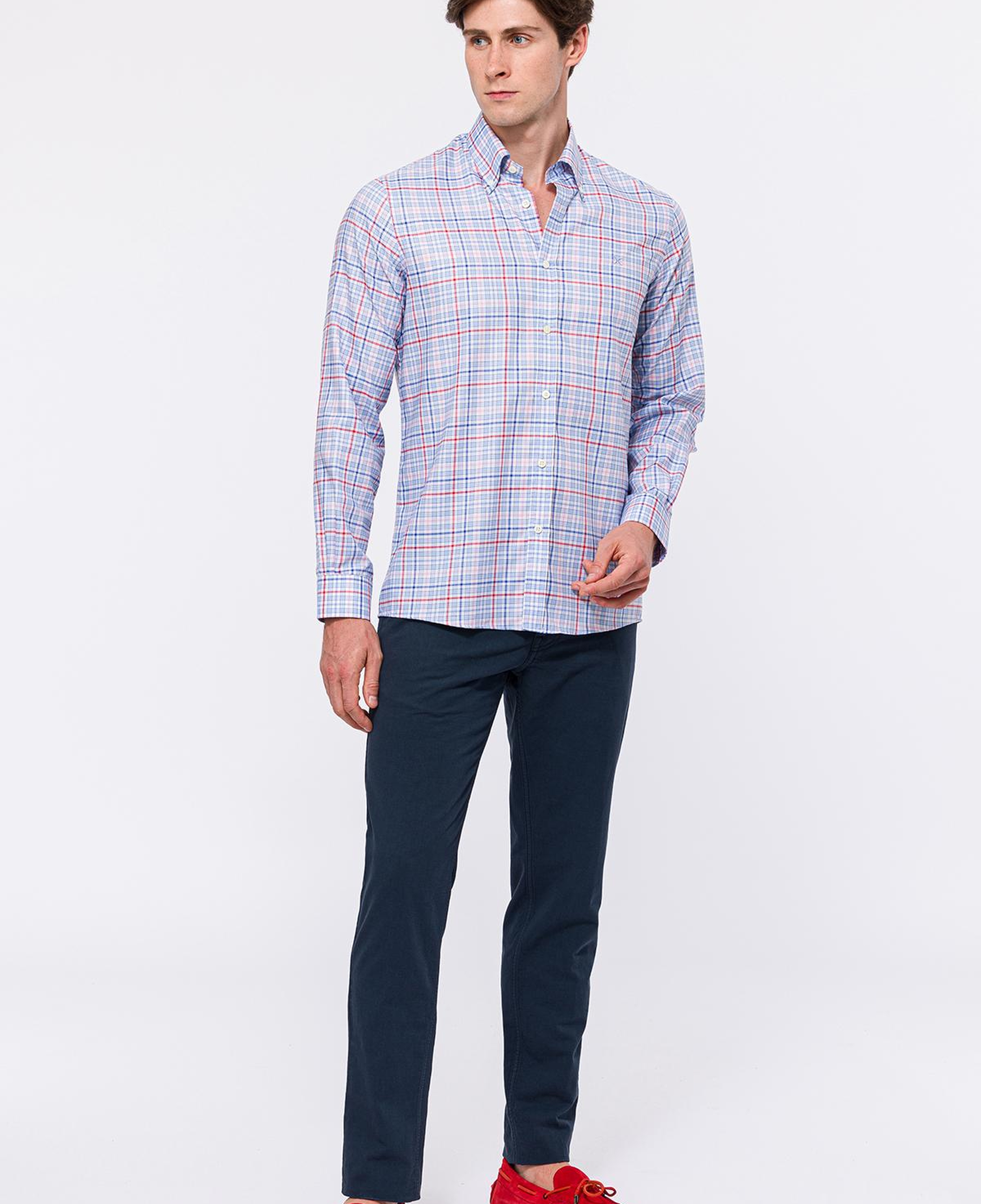 Erkek Bordo Cooper Fit Düğmeli Yaka Ekoseli Oxford Spor Gömlek