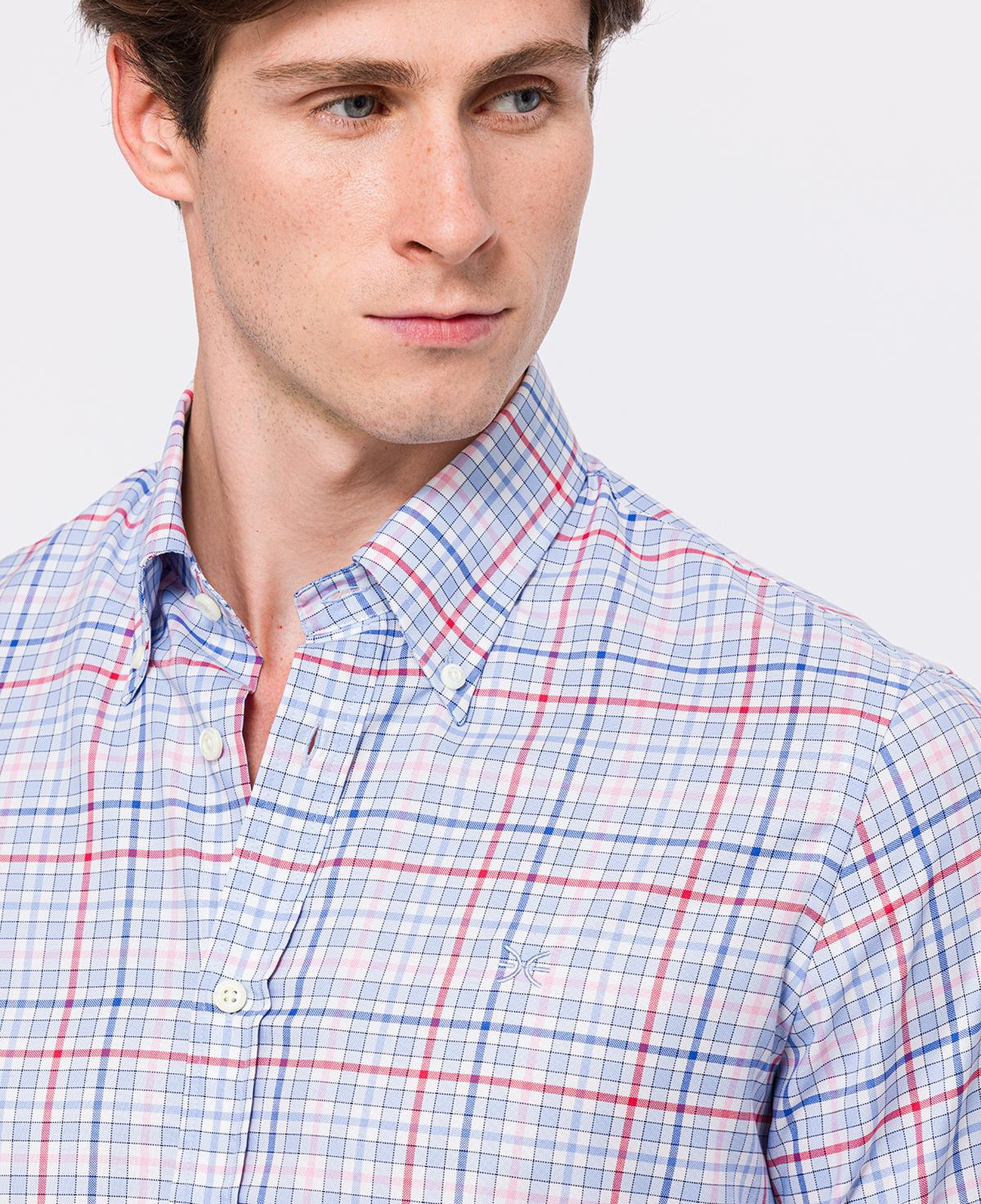 Erkek Bordo Cooper Fit Düğmeli Yaka Ekoseli Oxford Spor Gömlek