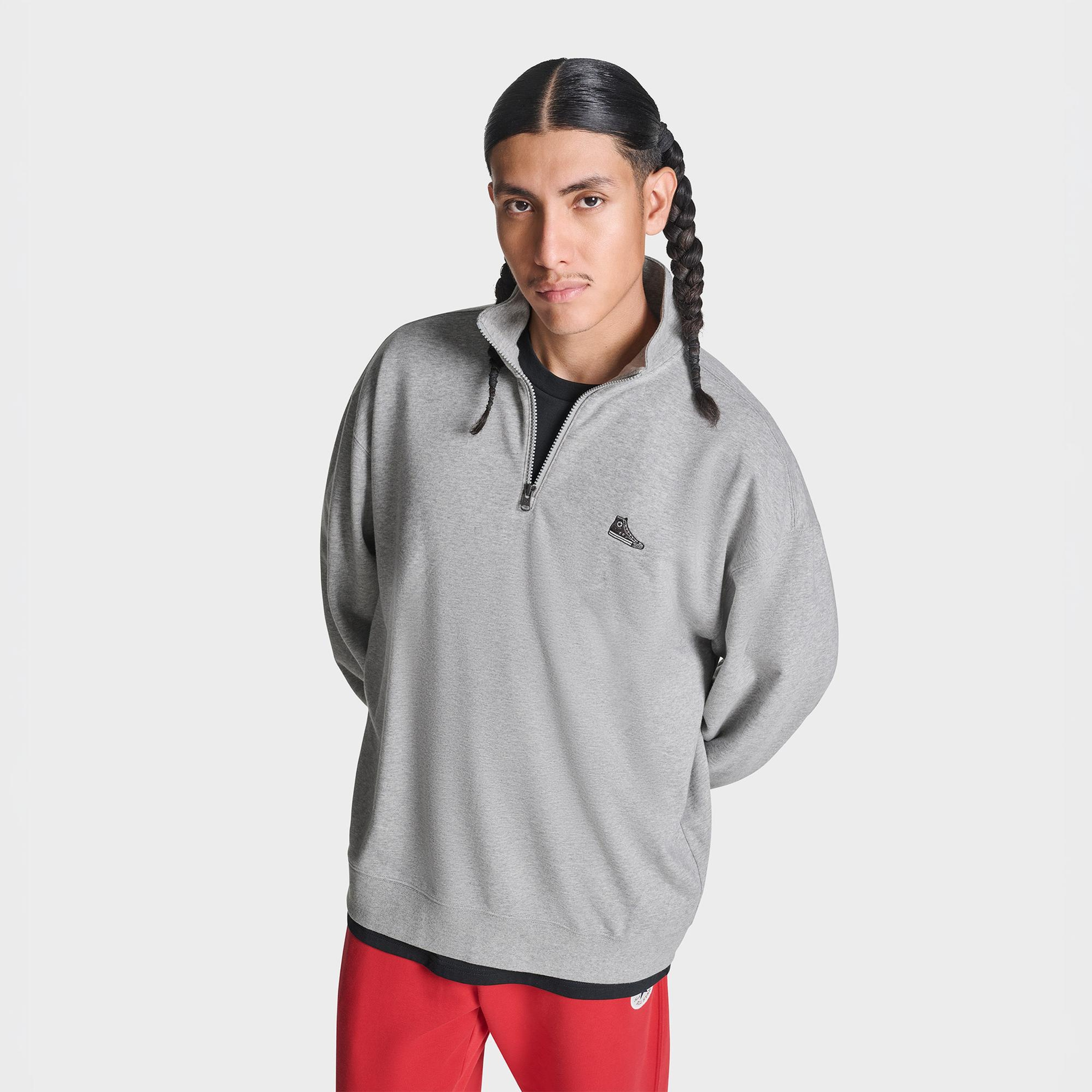 Converse Erkek Sneaker Logolu Gri Loose Fit Yarım Fermuarlı Sweatshirt