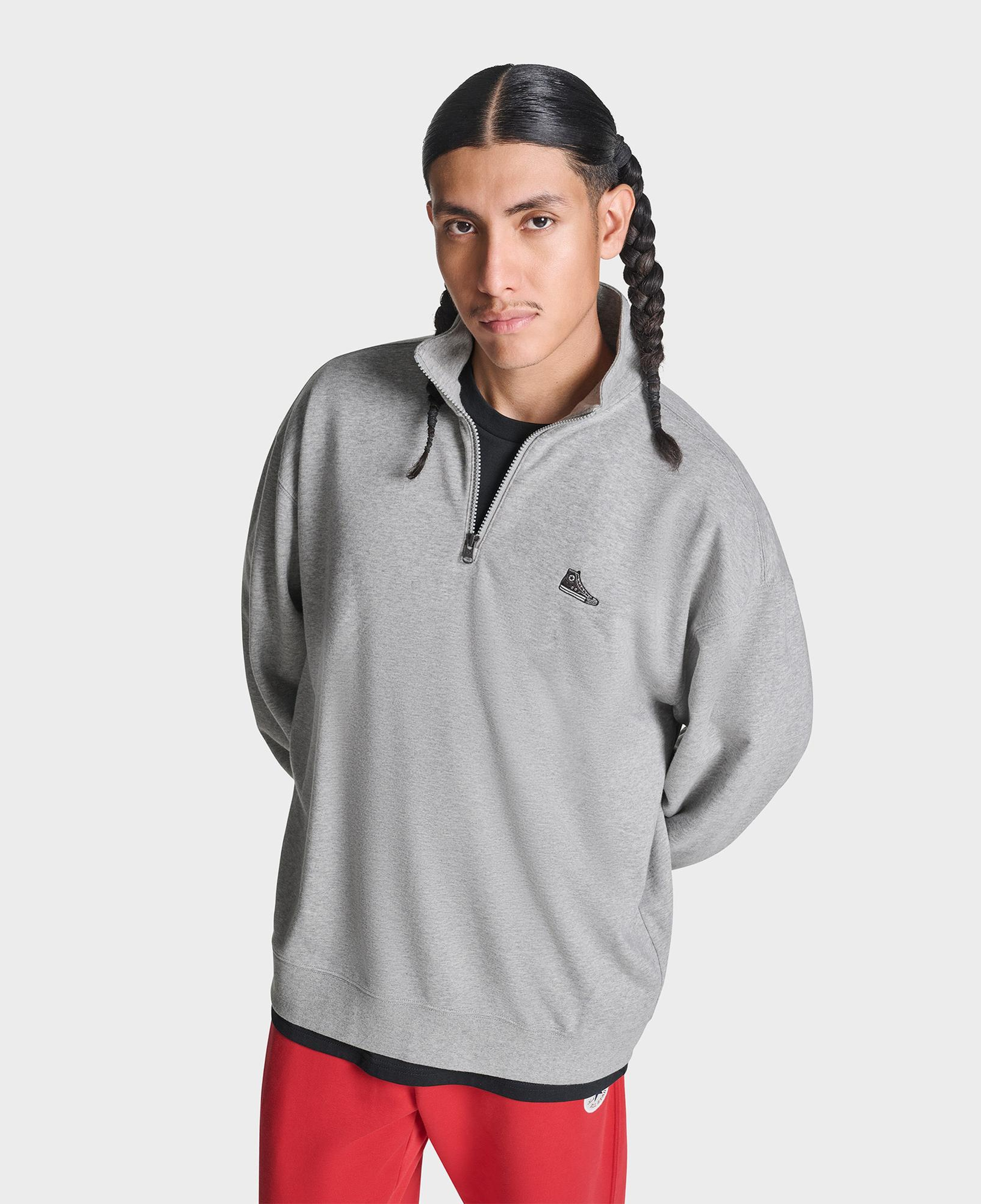 Converse Erkek Sneaker Logolu Gri Loose Fit Yarım Fermuarlı Sweatshirt