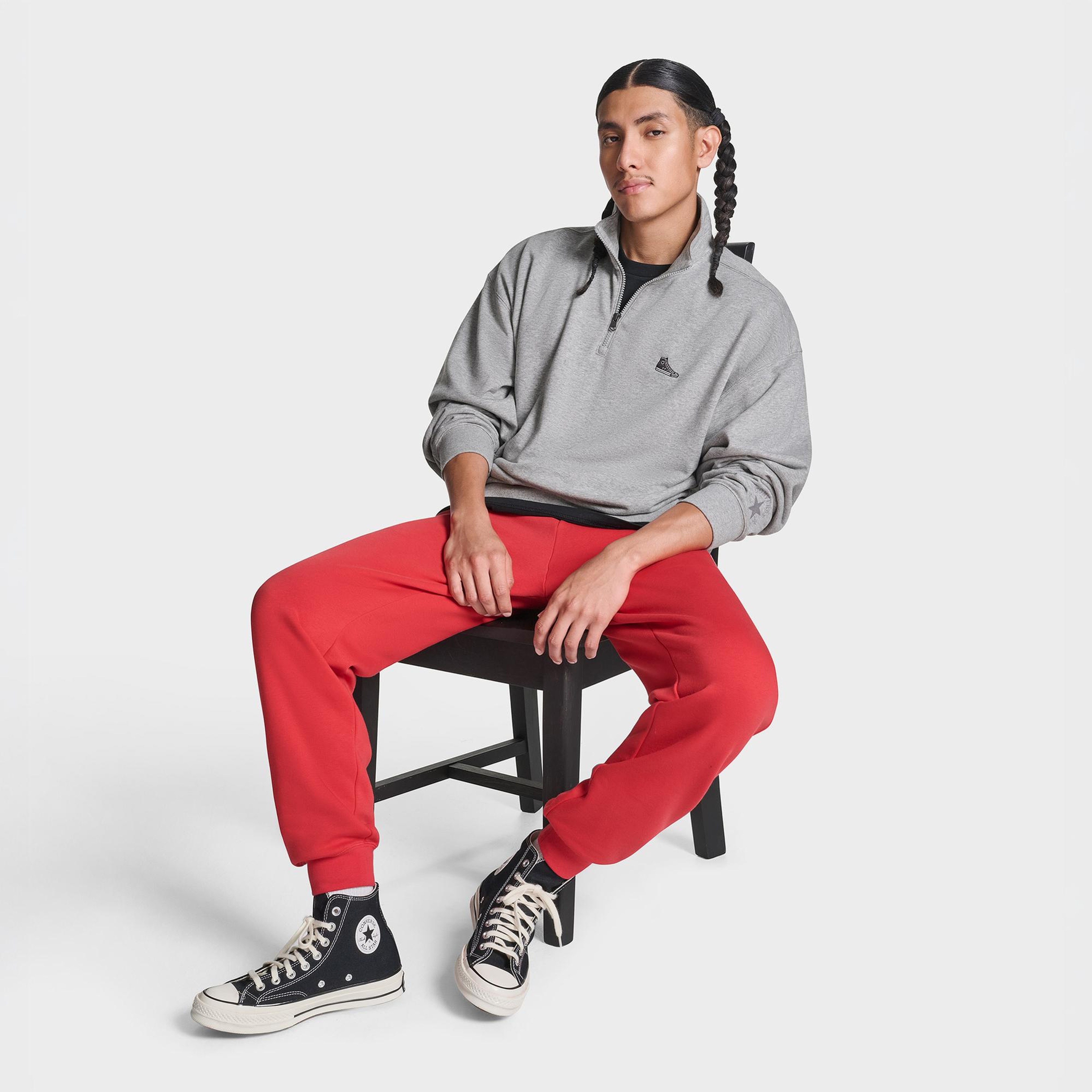 Converse Erkek Sneaker Logolu Gri Loose Fit Yarım Fermuarlı Sweatshirt